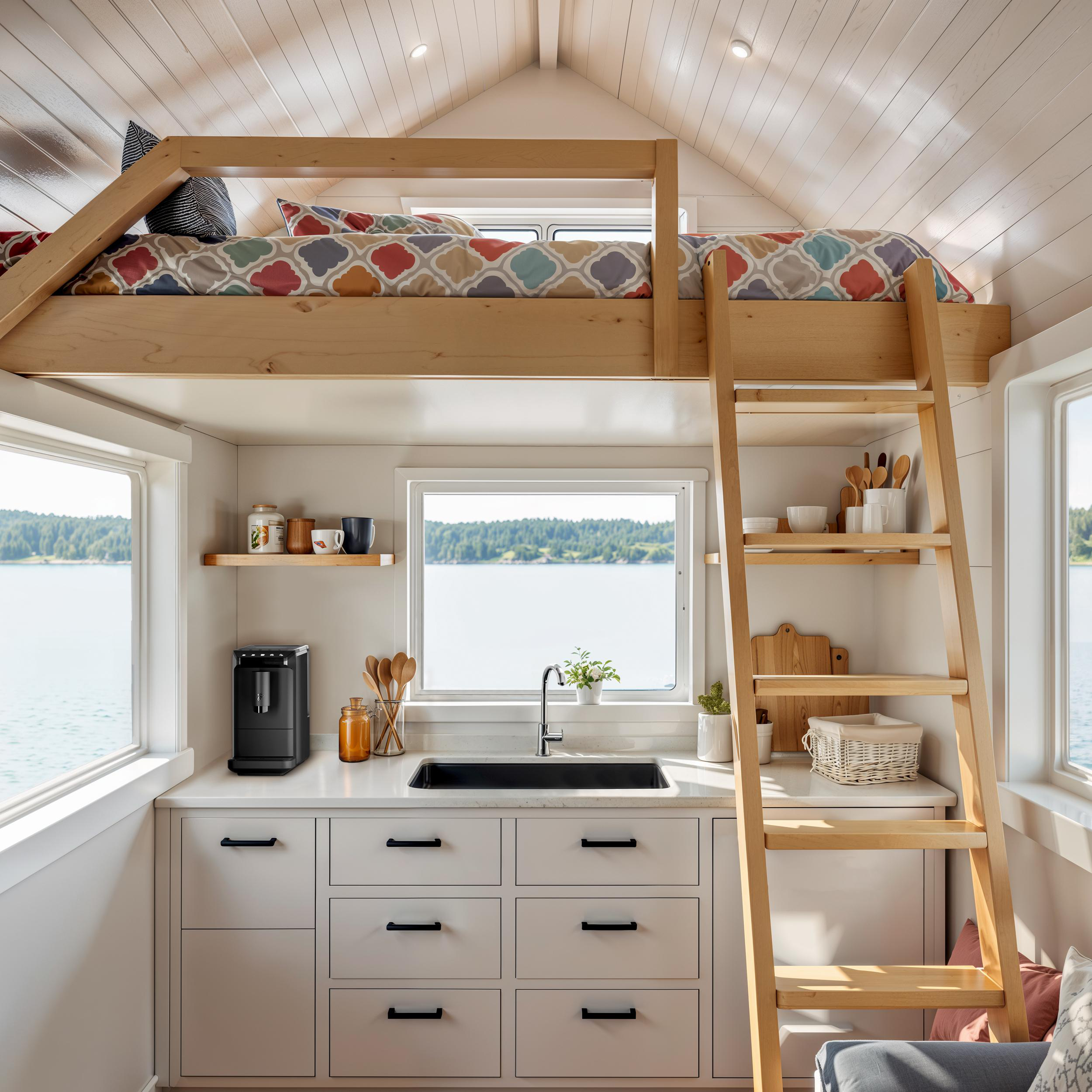 Kleine Küche mit einem Bett über der Küchenzeile und Blick auf das Wasser.