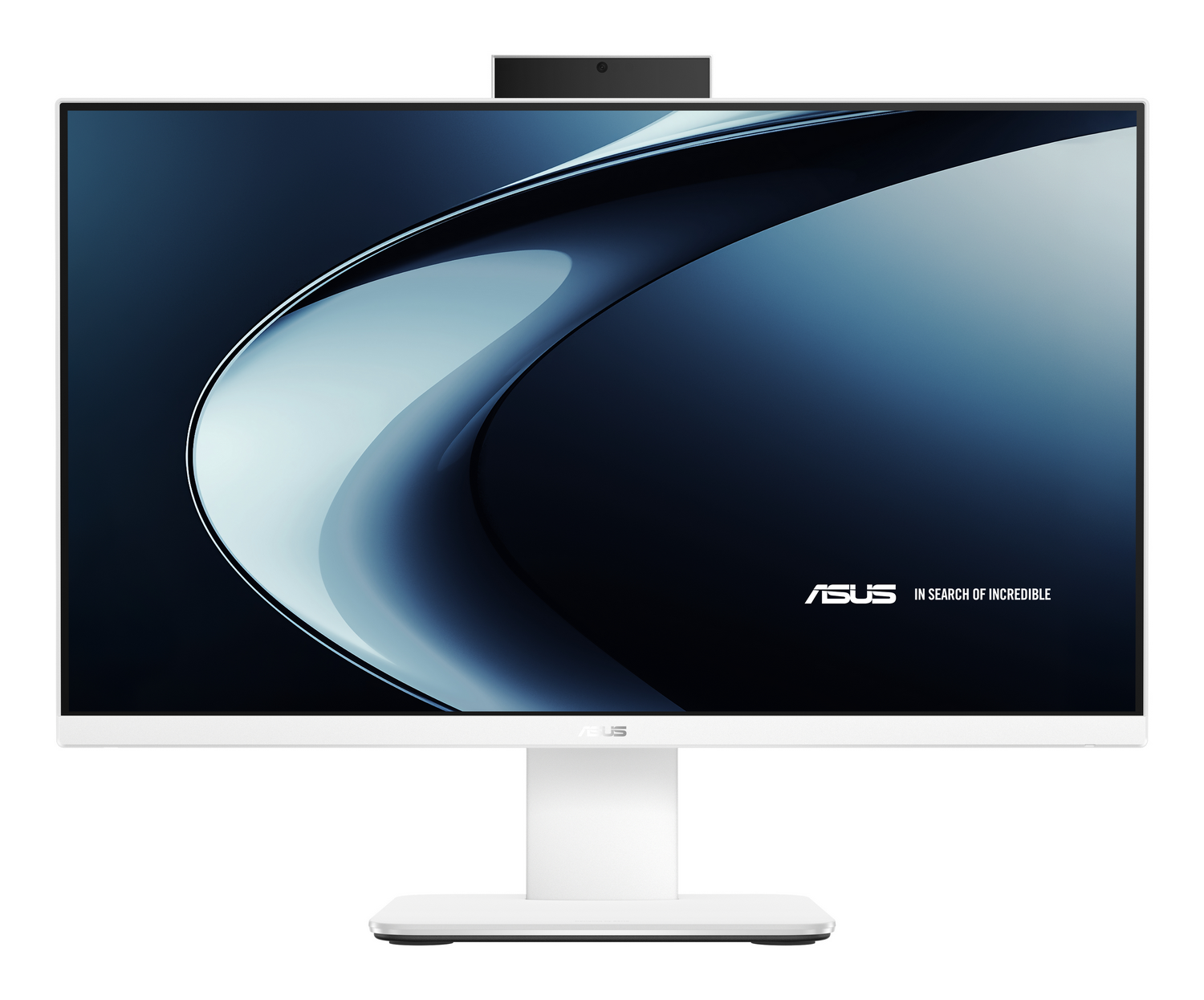 Un PC todo en uno ASUS blanco con cámara web negra y fondo abstracto.