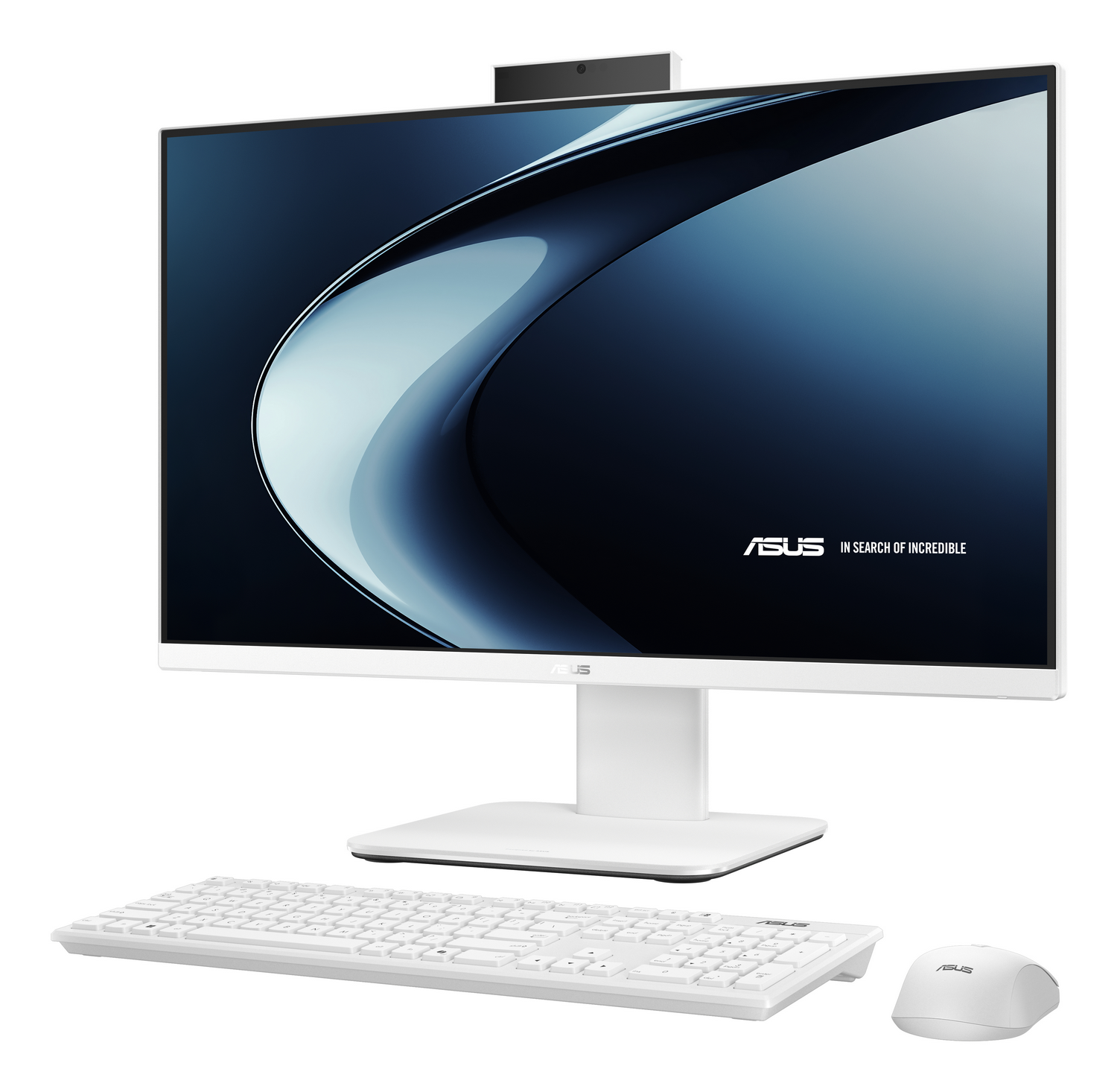 Un ordenador todo en uno blanco con teclado y ratón sobre fondo blanco.