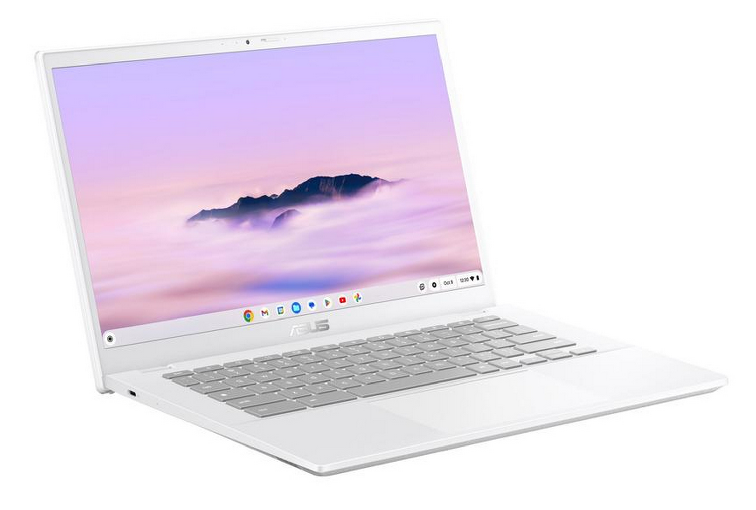 Un portátil Asus blanco que muestra un paisaje montañoso en el cielo en su pantalla.