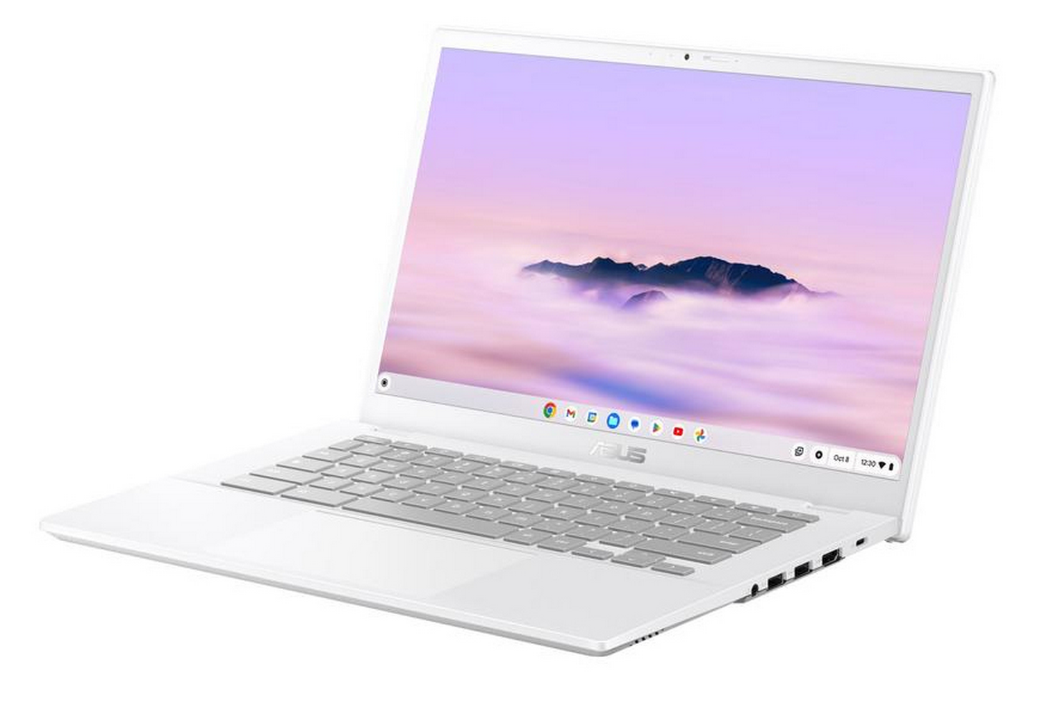 Un portátil blanco con un fondo de montañas en nubes rosas.