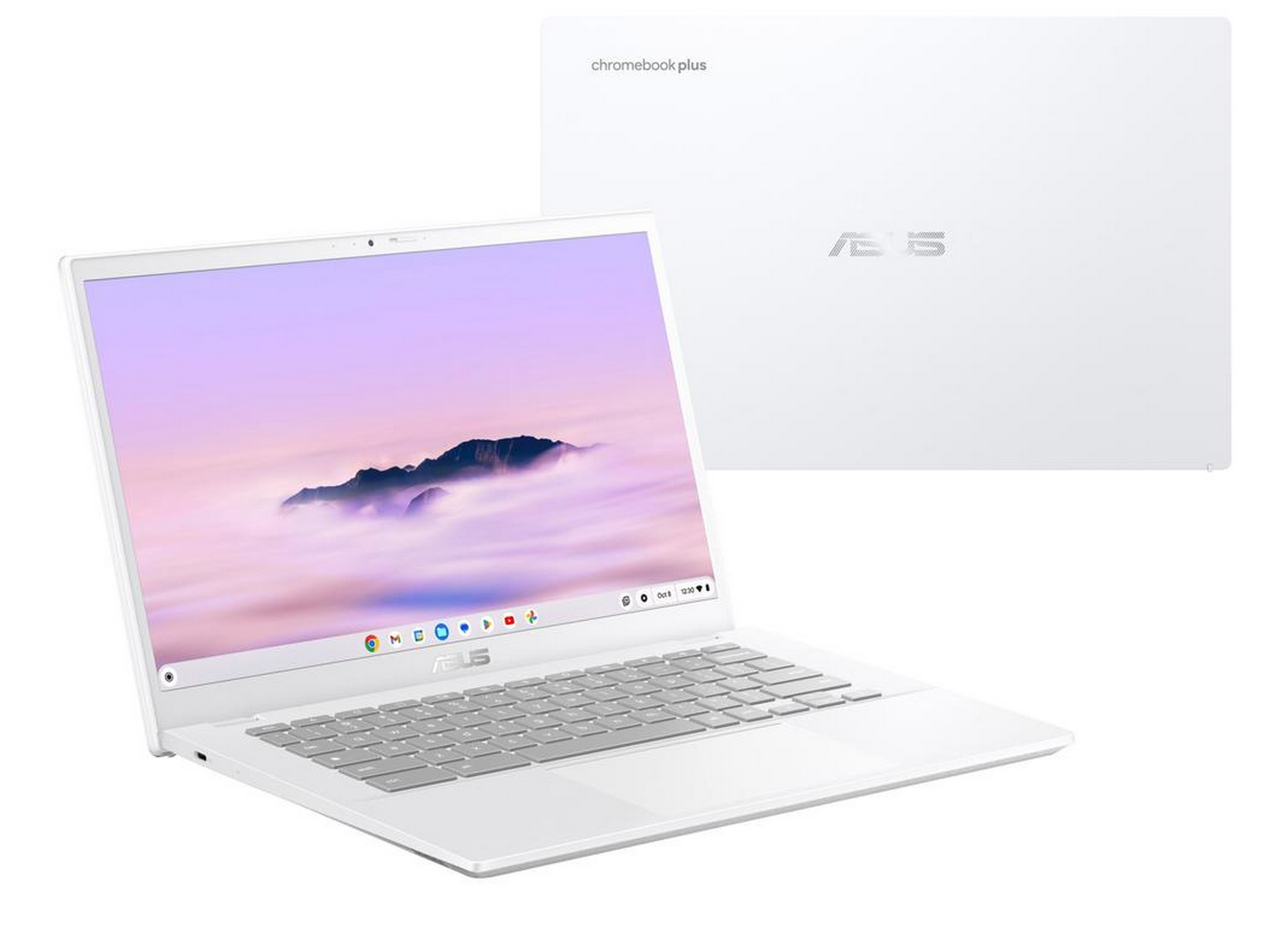Portátil Asus Chromebook Plus blanco abierto, mostrando pantalla con montañas y nubes.