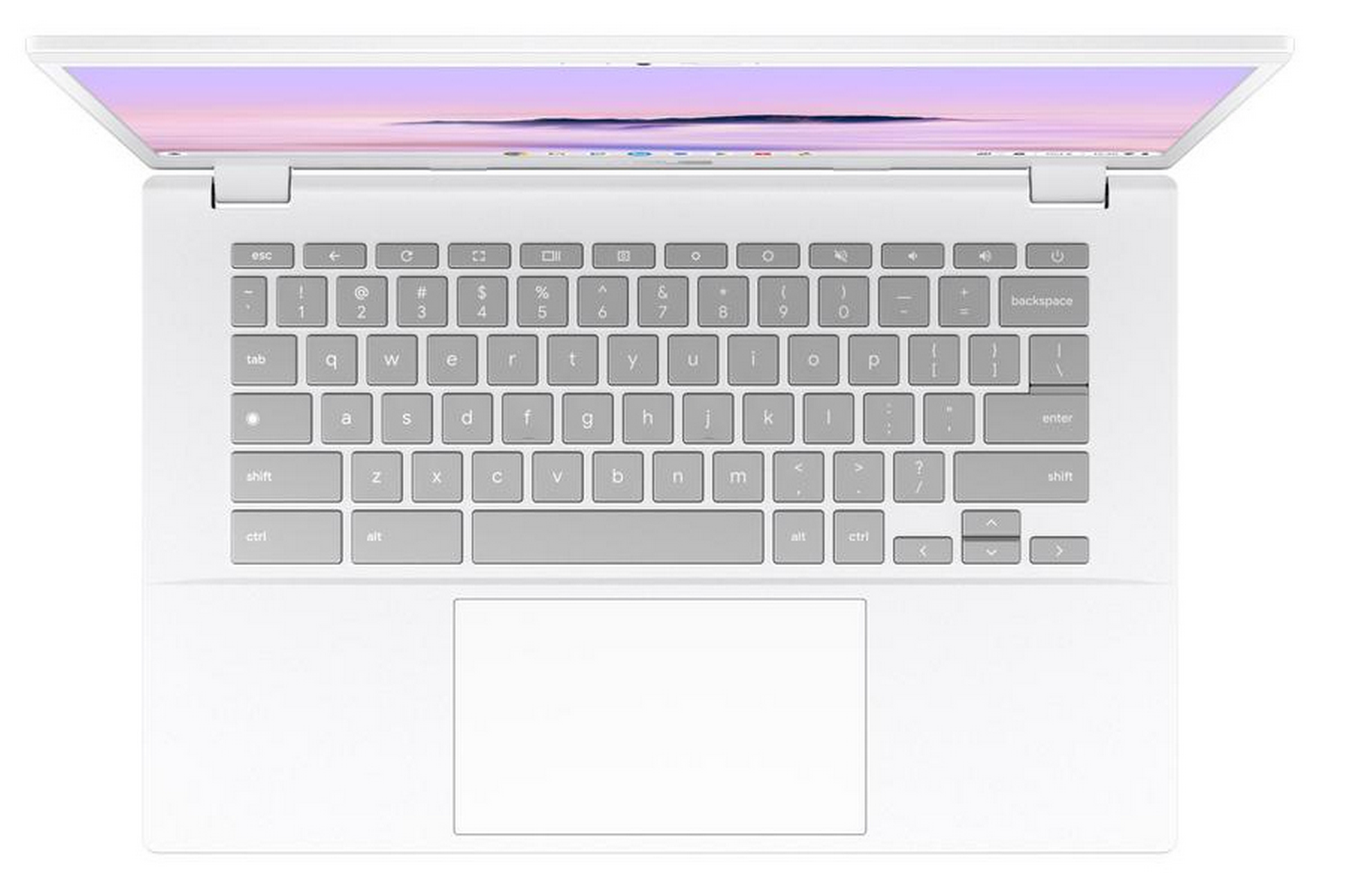Un portátil blanco está abierto, mostrando su teclado y pantalla con cielo azul-morado.
