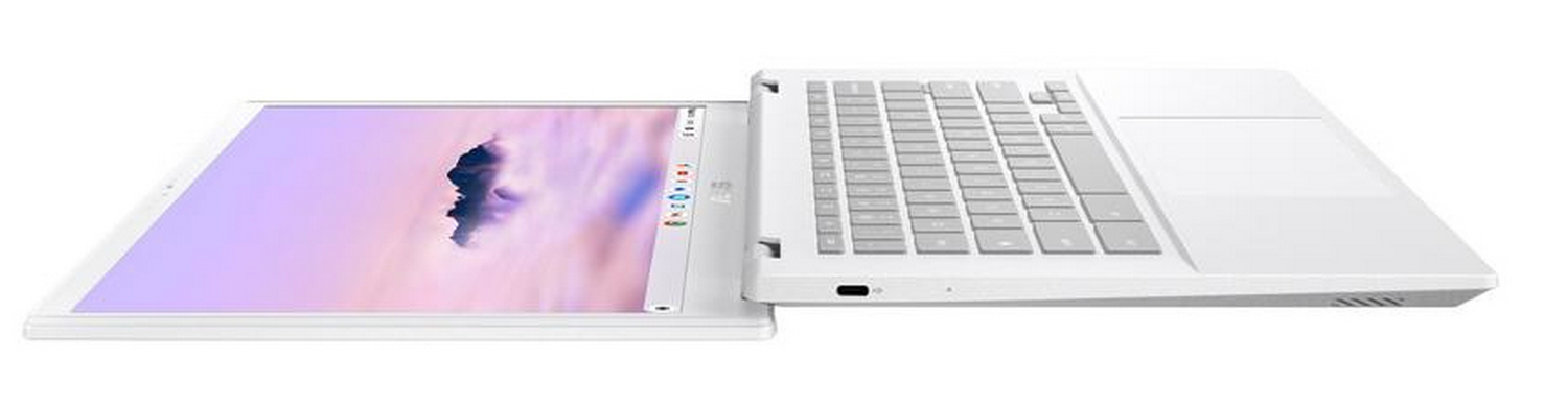 Una tablet-portátil 2 en 1 blanca con teclado, mostrada sobre fondo blanco.