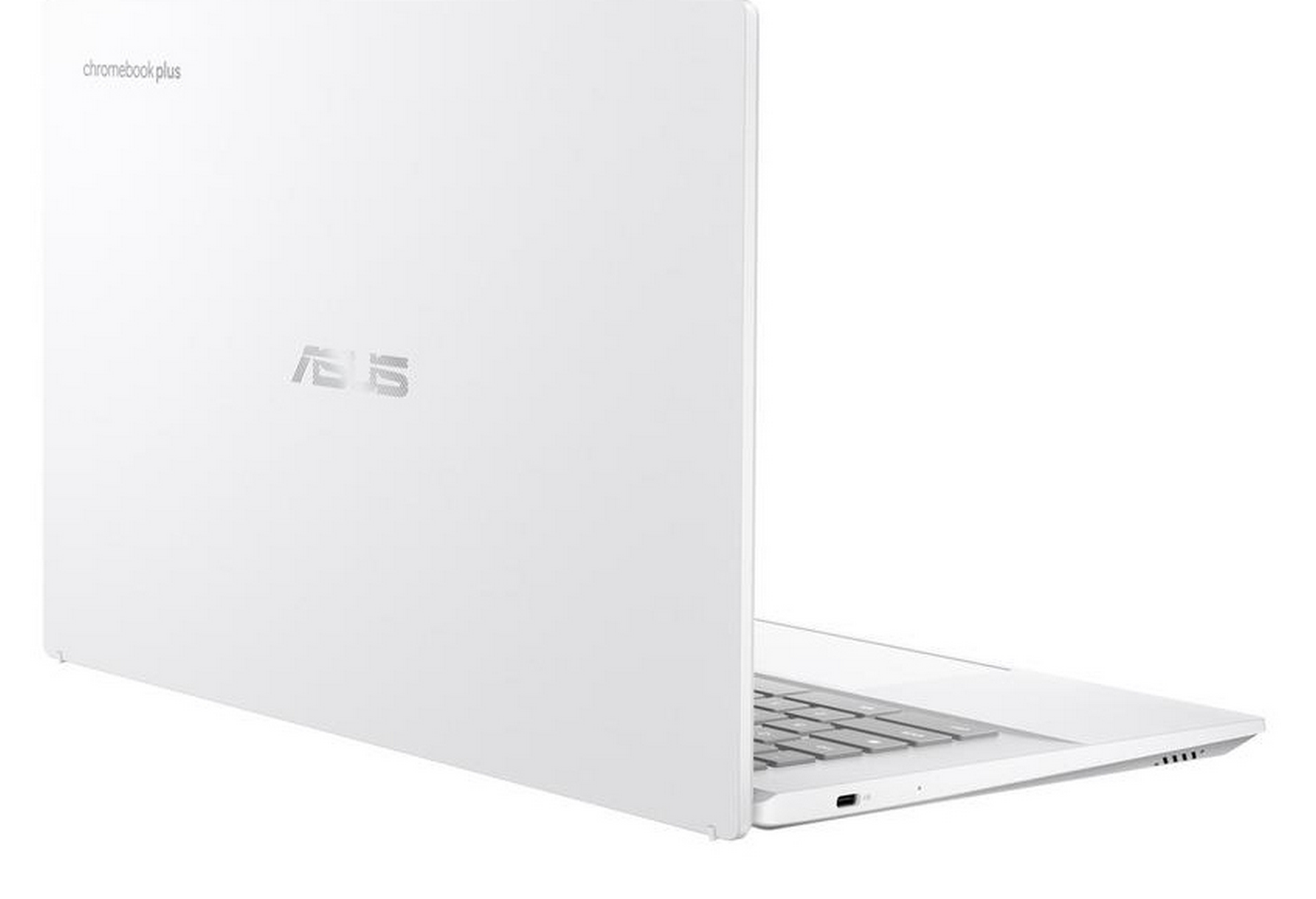 Un portátil ASUS Chromebook Plus blanco está abierto. El logo de ASUS está en la tapa.