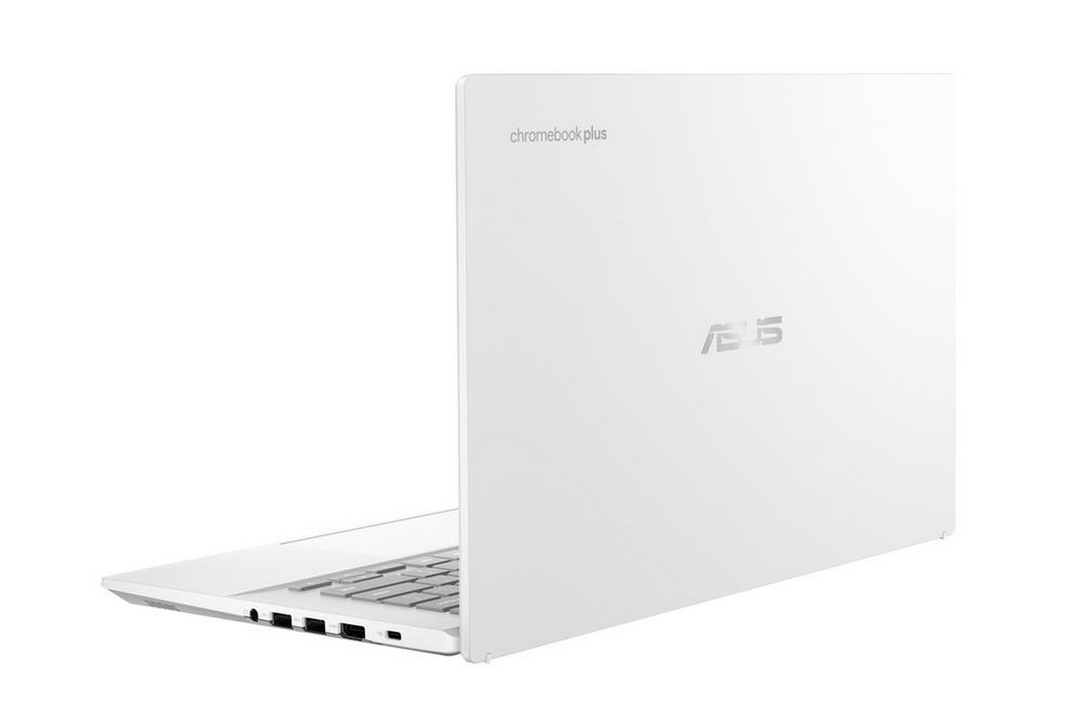 Un portátil Asus Chromebook Plus blanco, mostrando teclado y puertos.