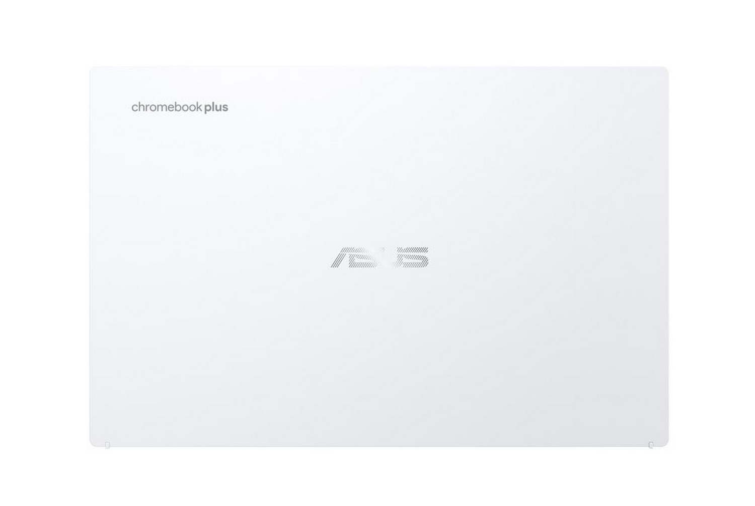 Parte superior blanca de Chromebook Plus con logo plateado de Asus.