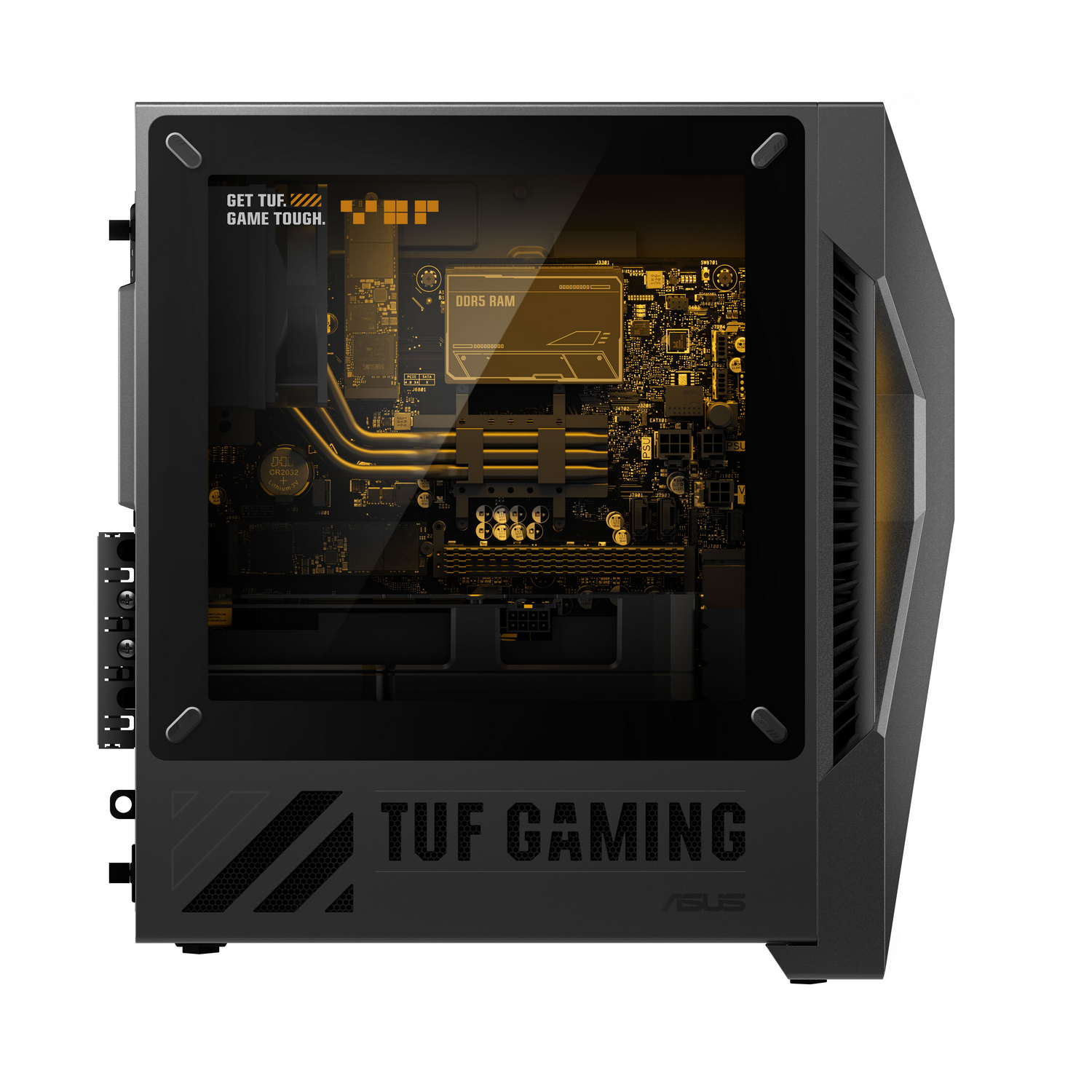 Una caja de PC negra con ventana de cristal muestra componentes iluminados.
