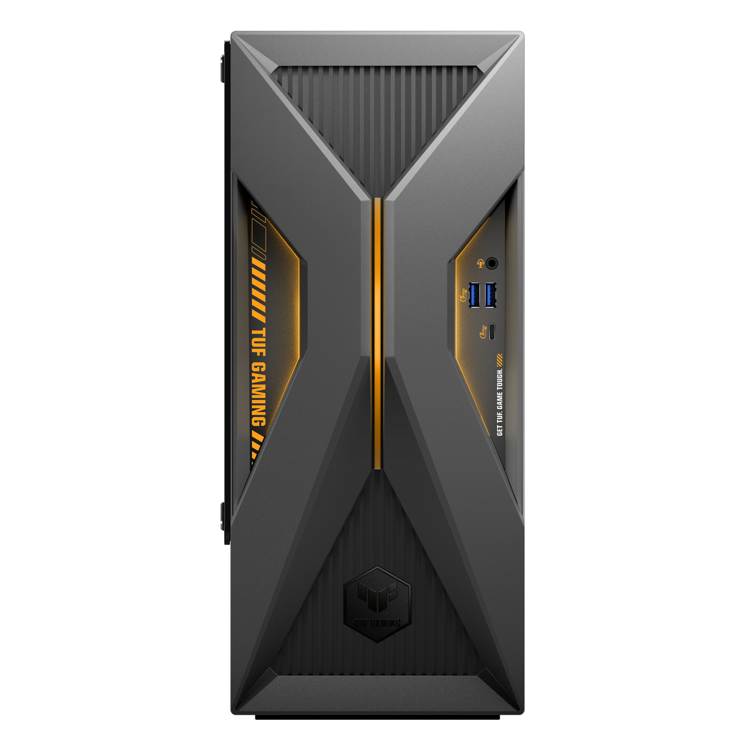 Una torre de PC gamer negra con detalles amarillos y el logo de TUF.