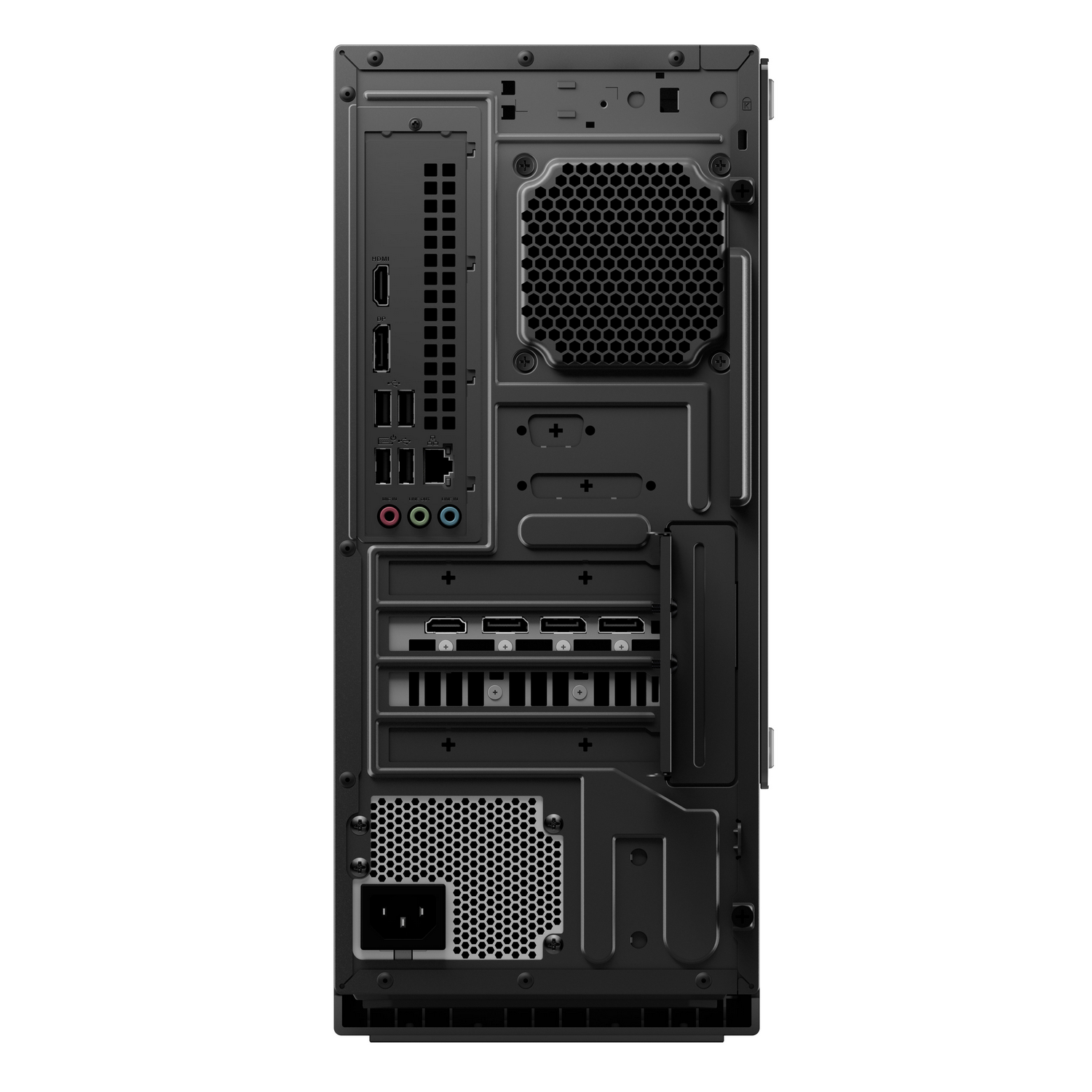 Parte trasera de torre PC negra mostrando puertos HDMI, USB y de audio.
