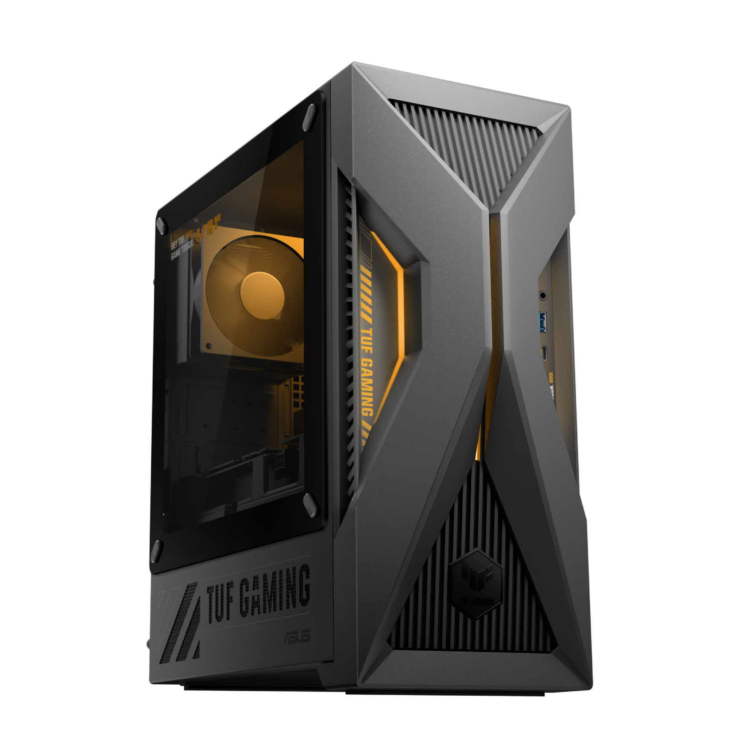 Una caja de PC negra con detalles amarillos y ventana.