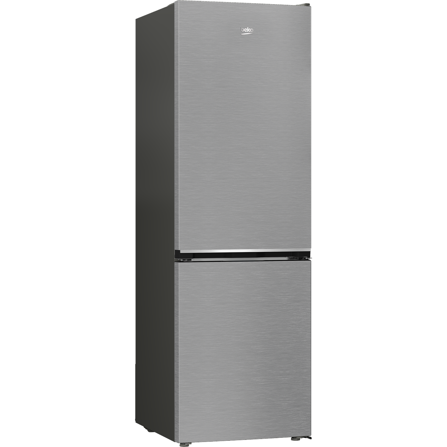 A silver, two-door refrigerator stands against a black background.