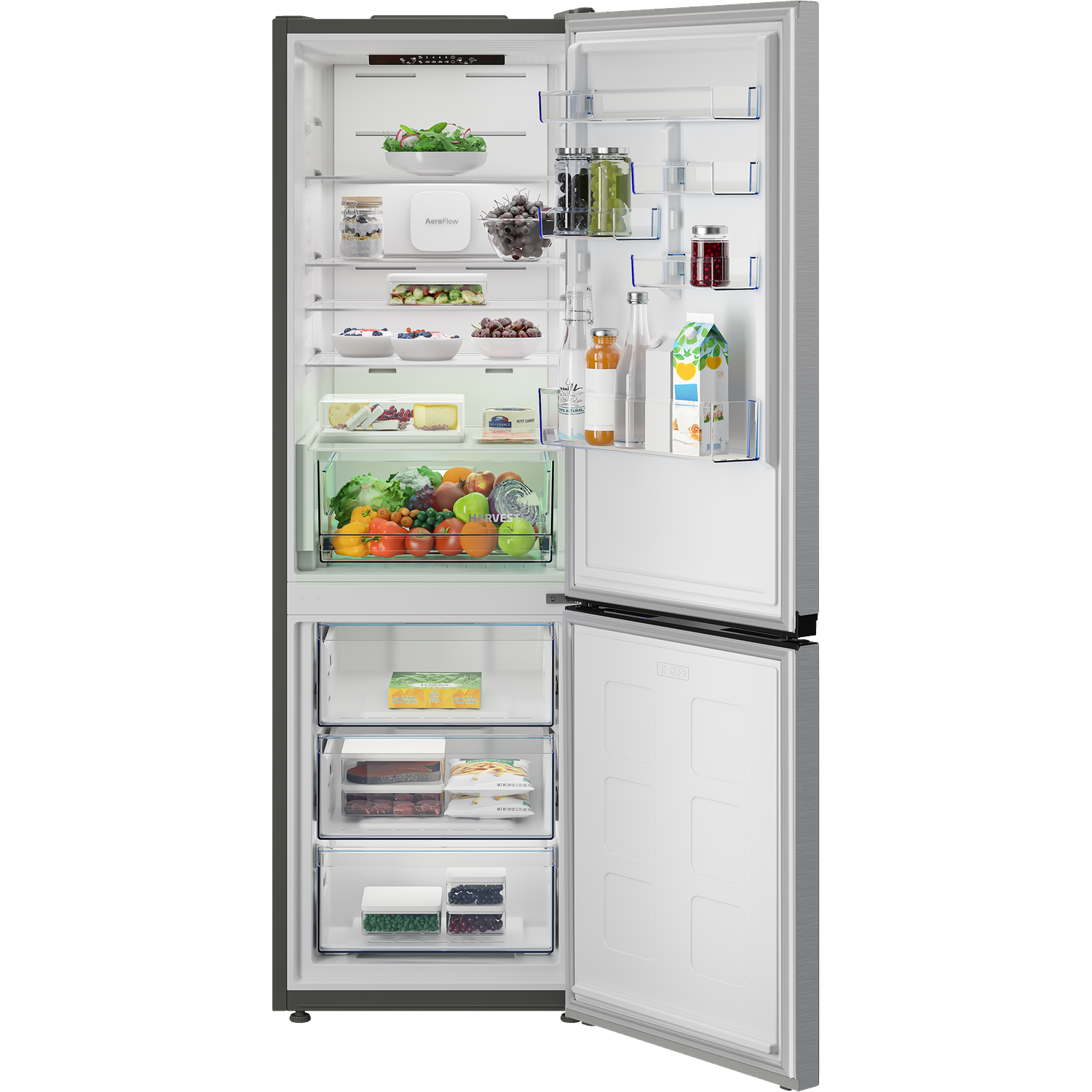 Open refrigerator with food, vegetables, fruits, and frozen items inside.
