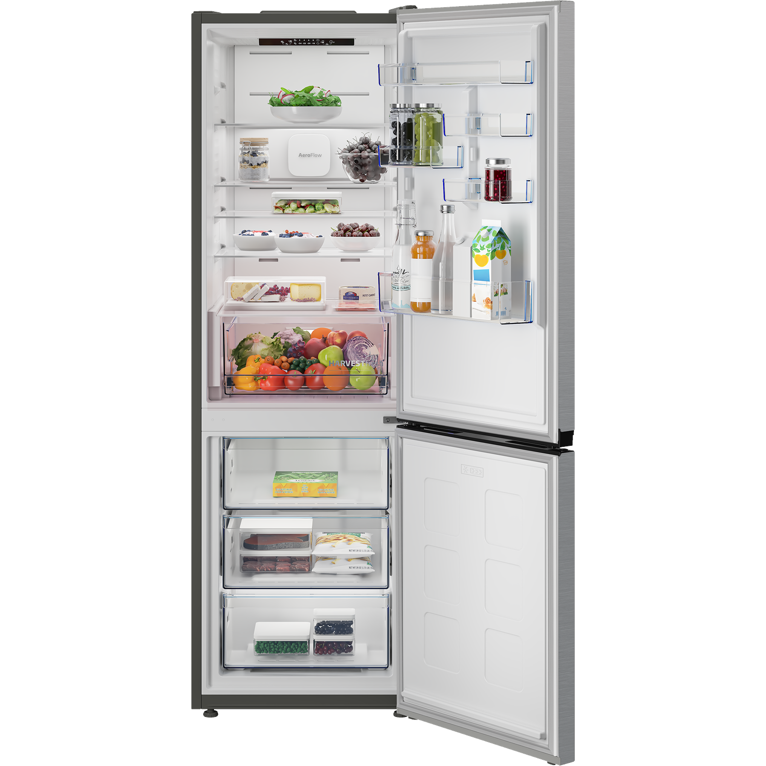 An open refrigerator filled with food items like fruits, vegetables, drinks, and frozen goods.