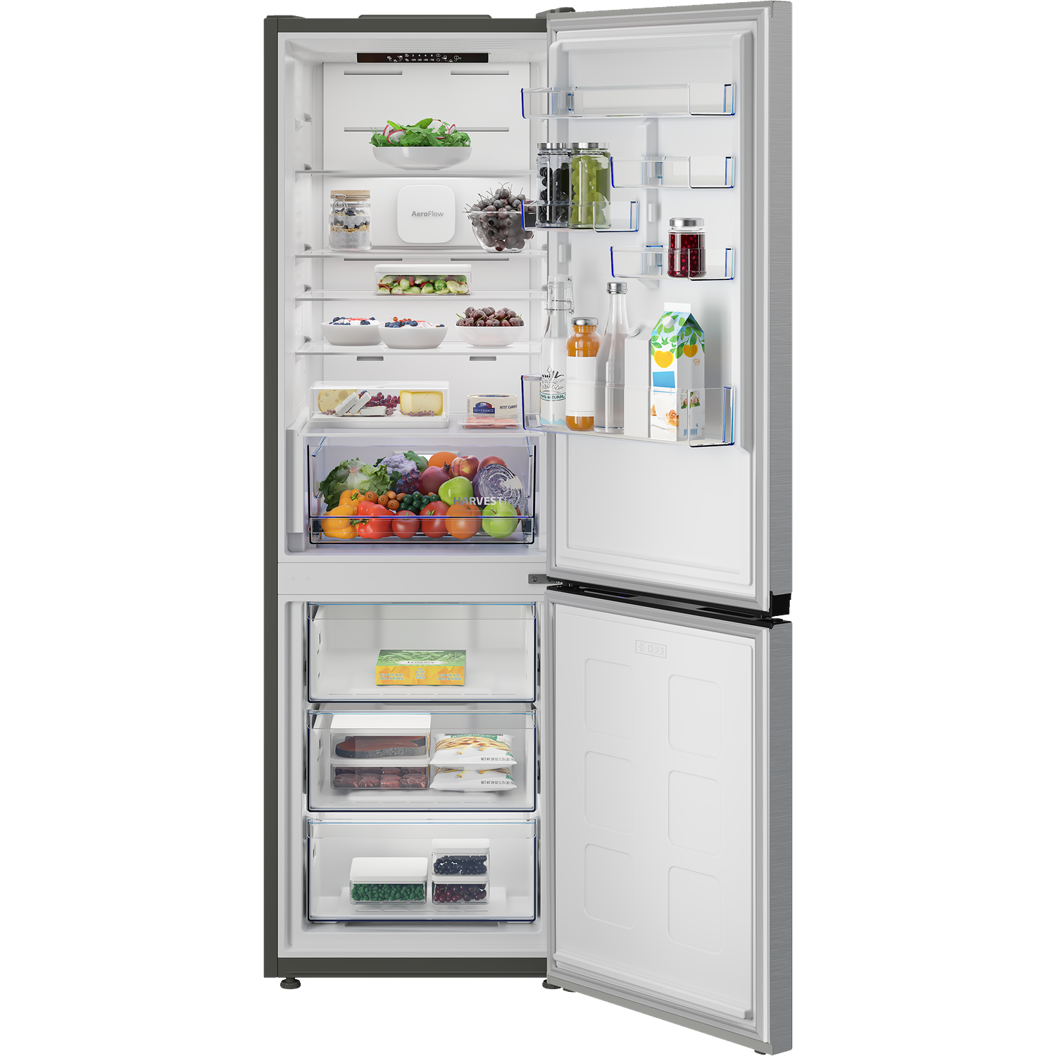 An open refrigerator filled with food, including fruits, vegetables, drinks, and frozen items.