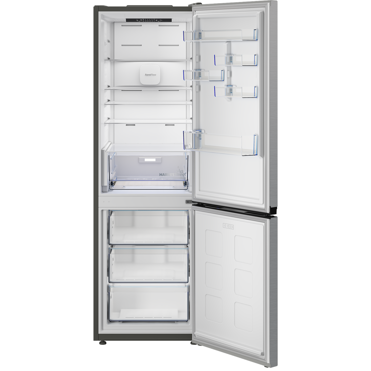 An open refrigerator with multiple shelves, drawers, and door compartments. The freezer door is also open.