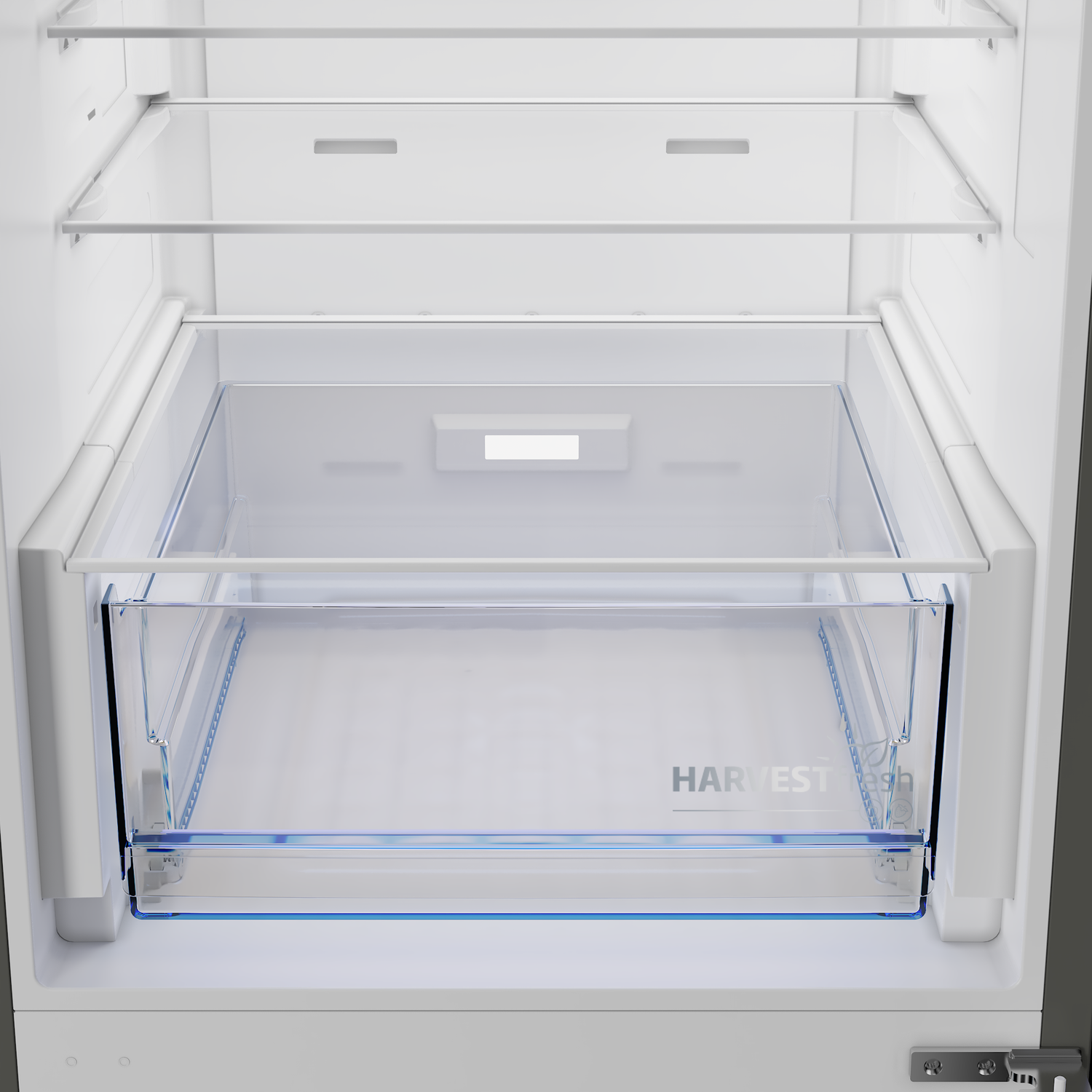 An empty refrigerator interior with glass shelves and a clear drawer with blue lighting.