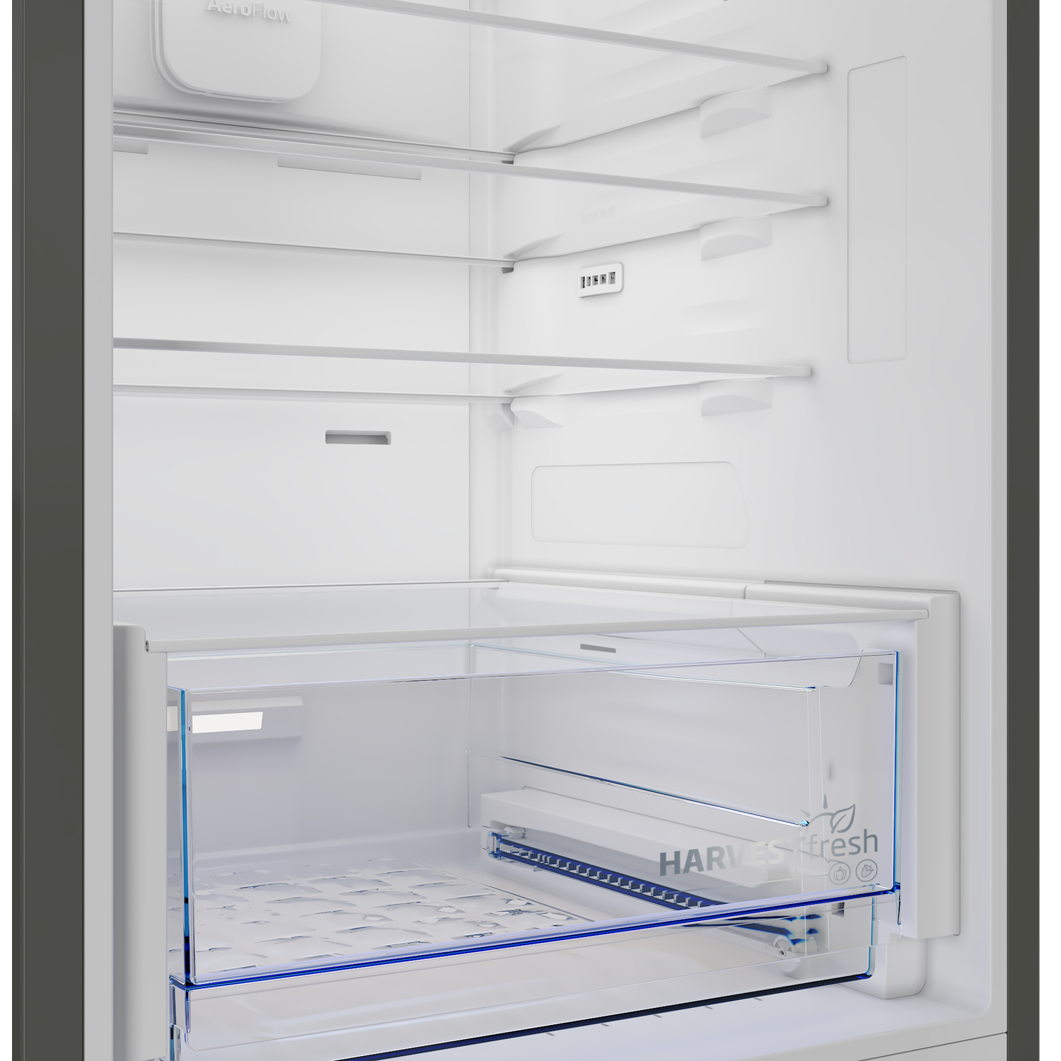 Interior view of an empty refrigerator with glass shelves and a crisper drawer.
