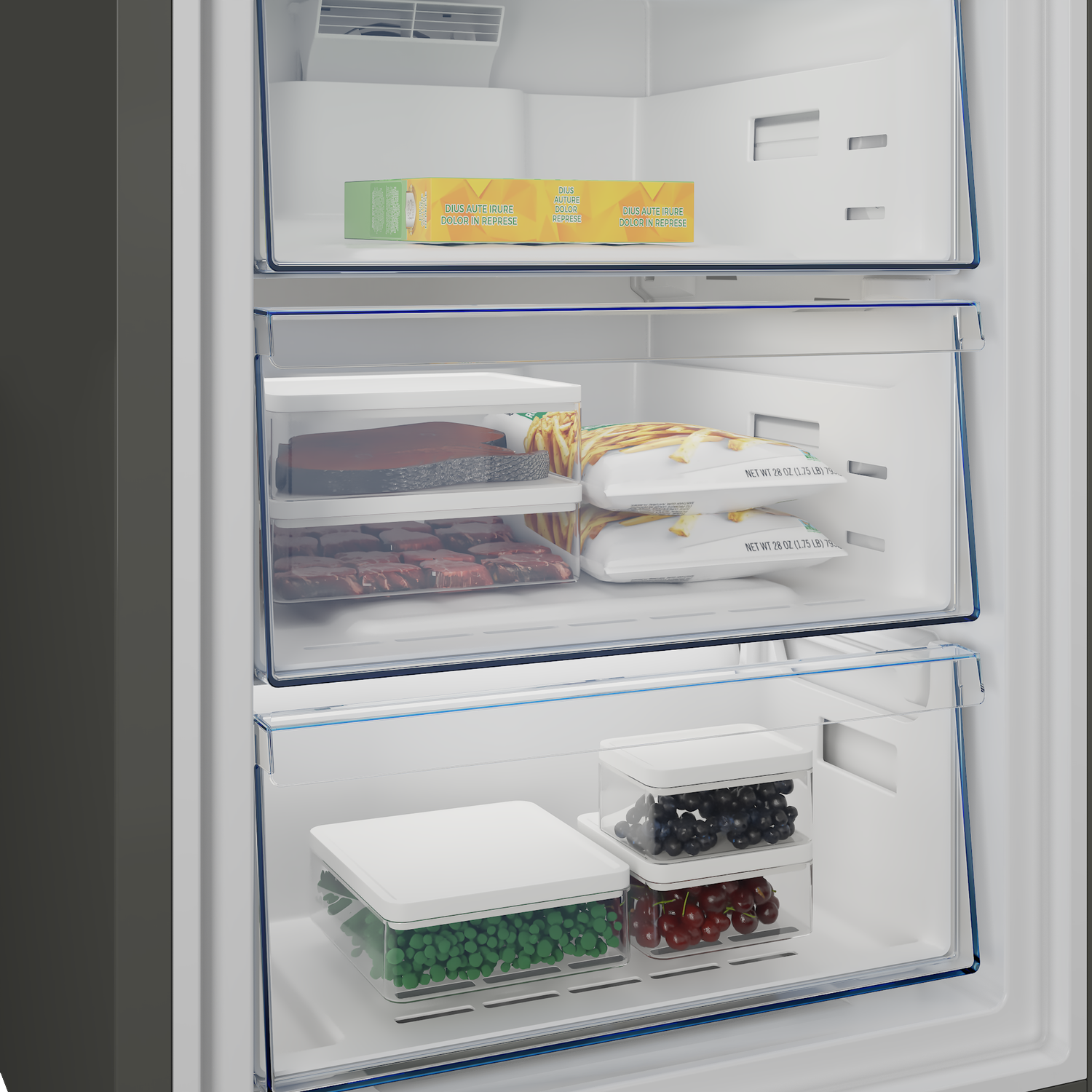 Freezer drawers with frozen foods, berries, and peas.