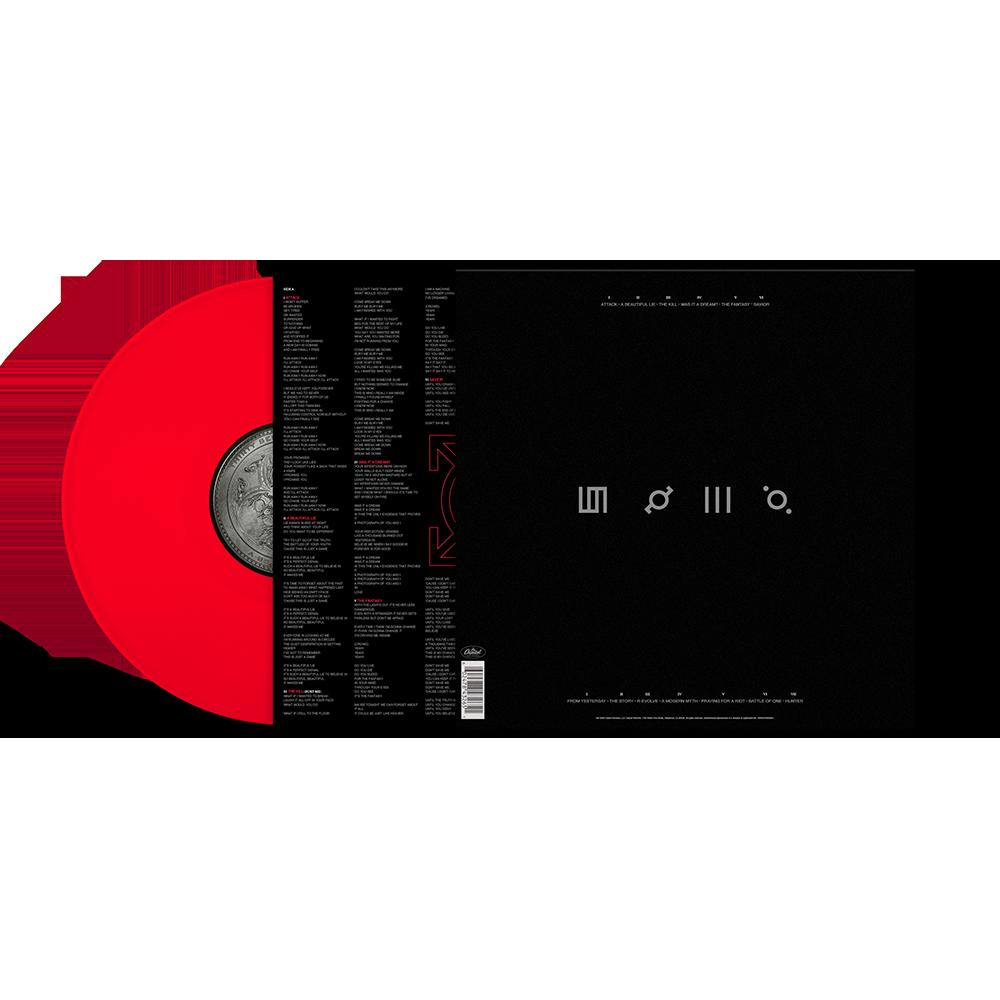 Rote Schallplatte mit Songtexten und Symbolen auf schwarzem Hintergrund.
