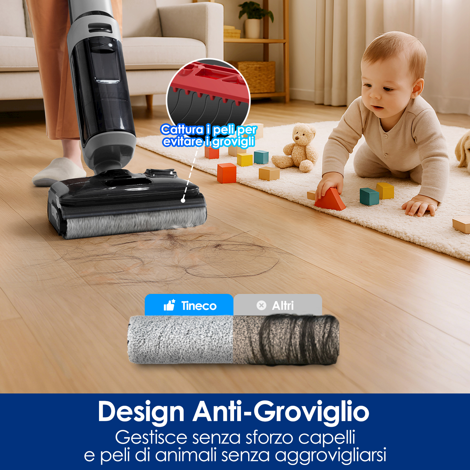 Un aspirapolvere pulisce un pavimento in legno mentre un bambino gioca. Peli aspirati.