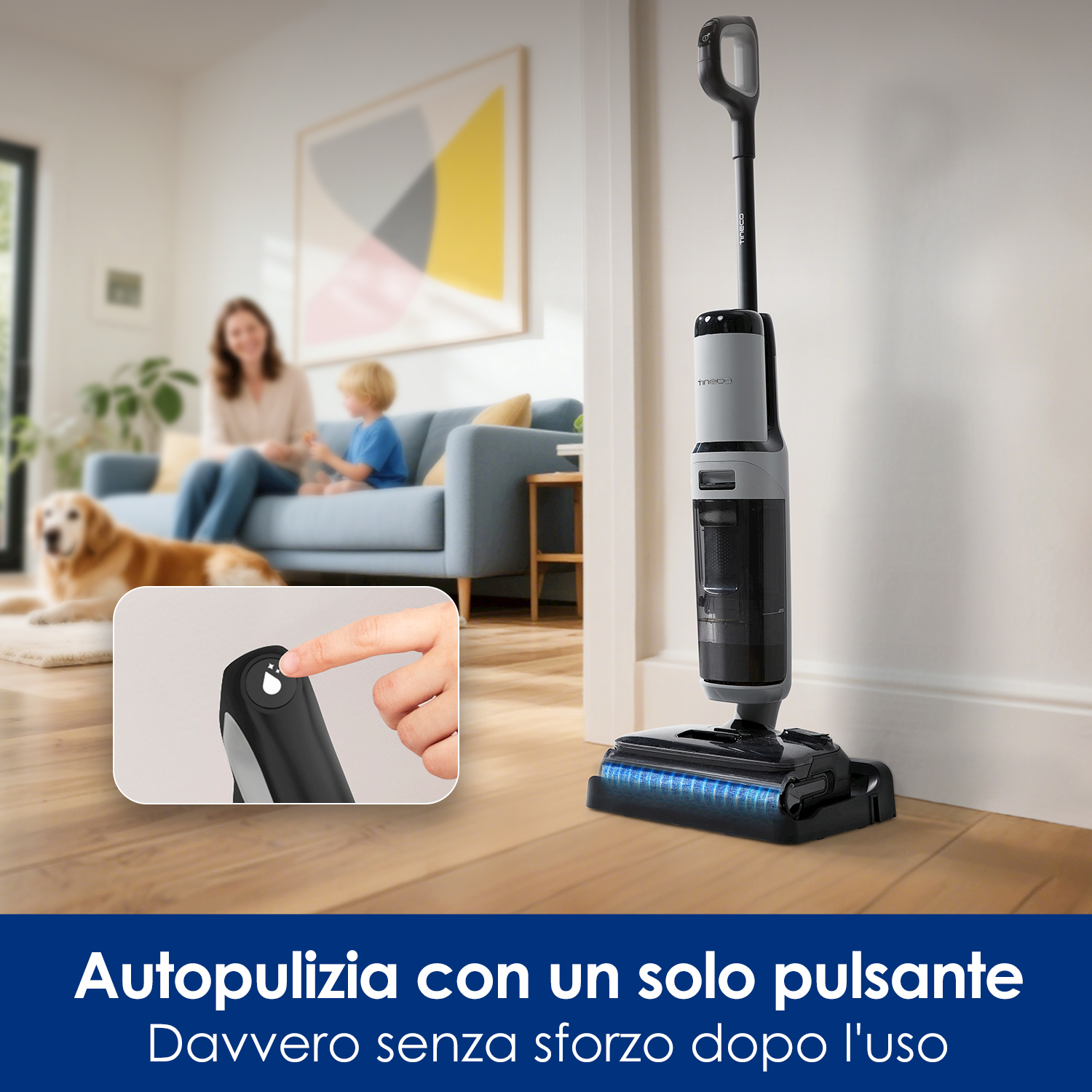 Un aspirapolvere senza fili con funzione autopulente in un soggiorno.