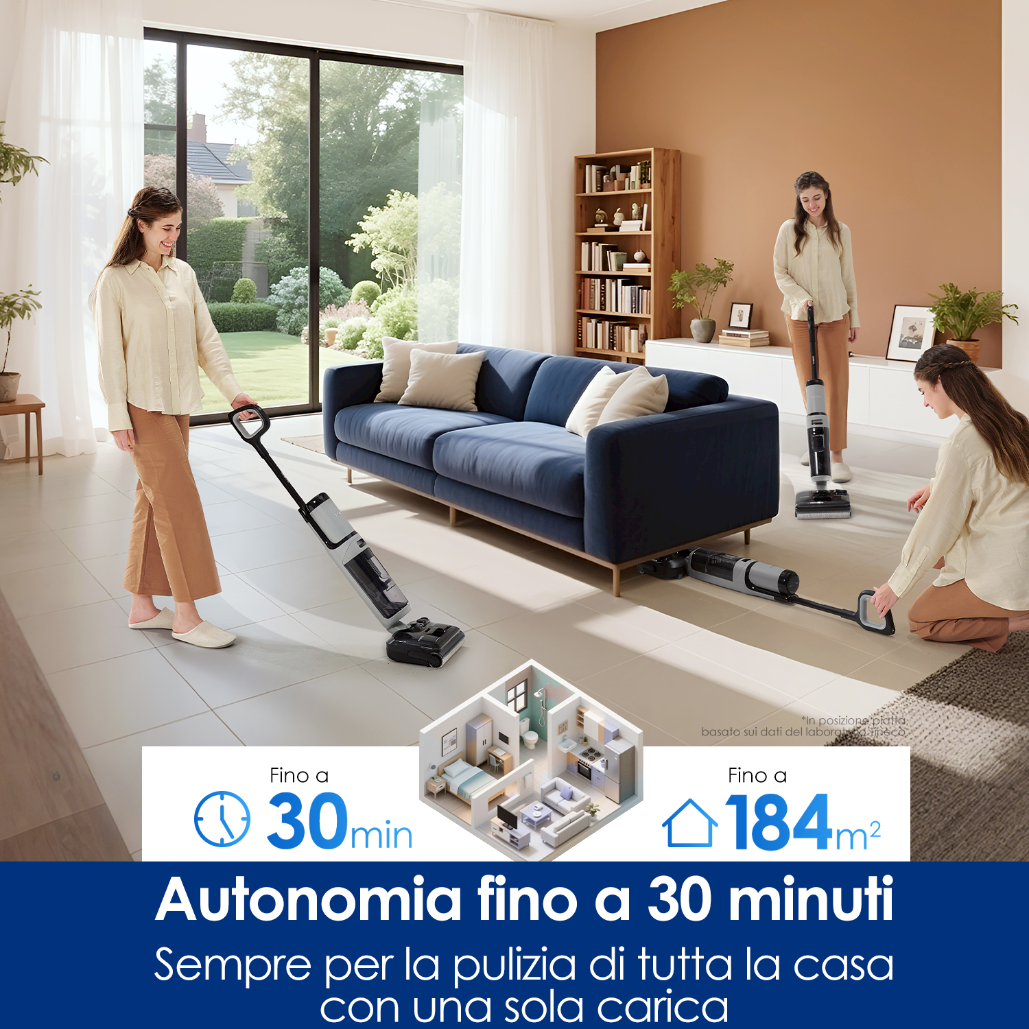 Due donne puliscono un soggiorno con aspirapolveri senza fili. Fino a 30 min.