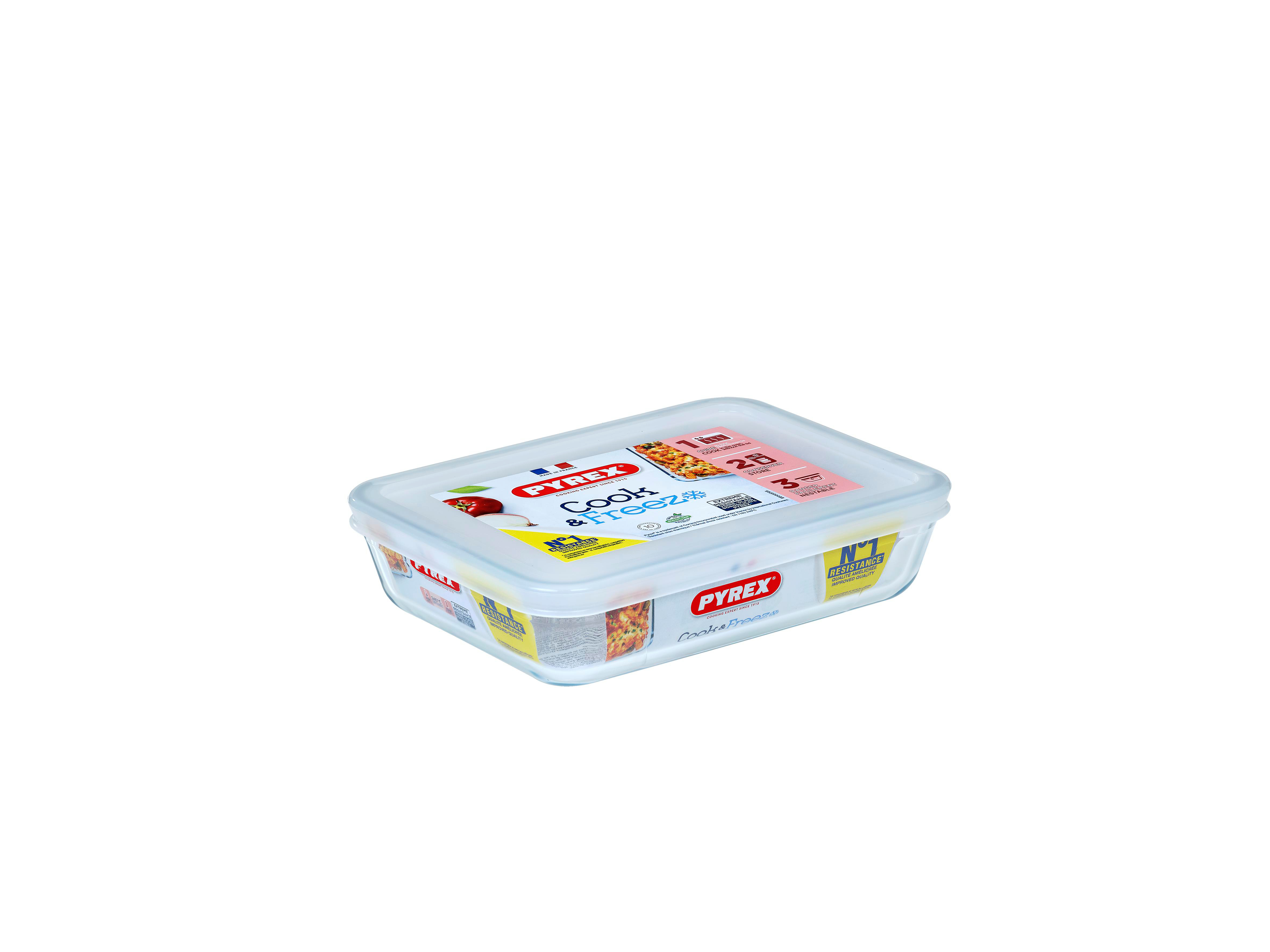 Ein rechteckiger Pyrex Glasbehälter mit weißem Deckel. "Cook & Freeze" ist aufgedruckt.
