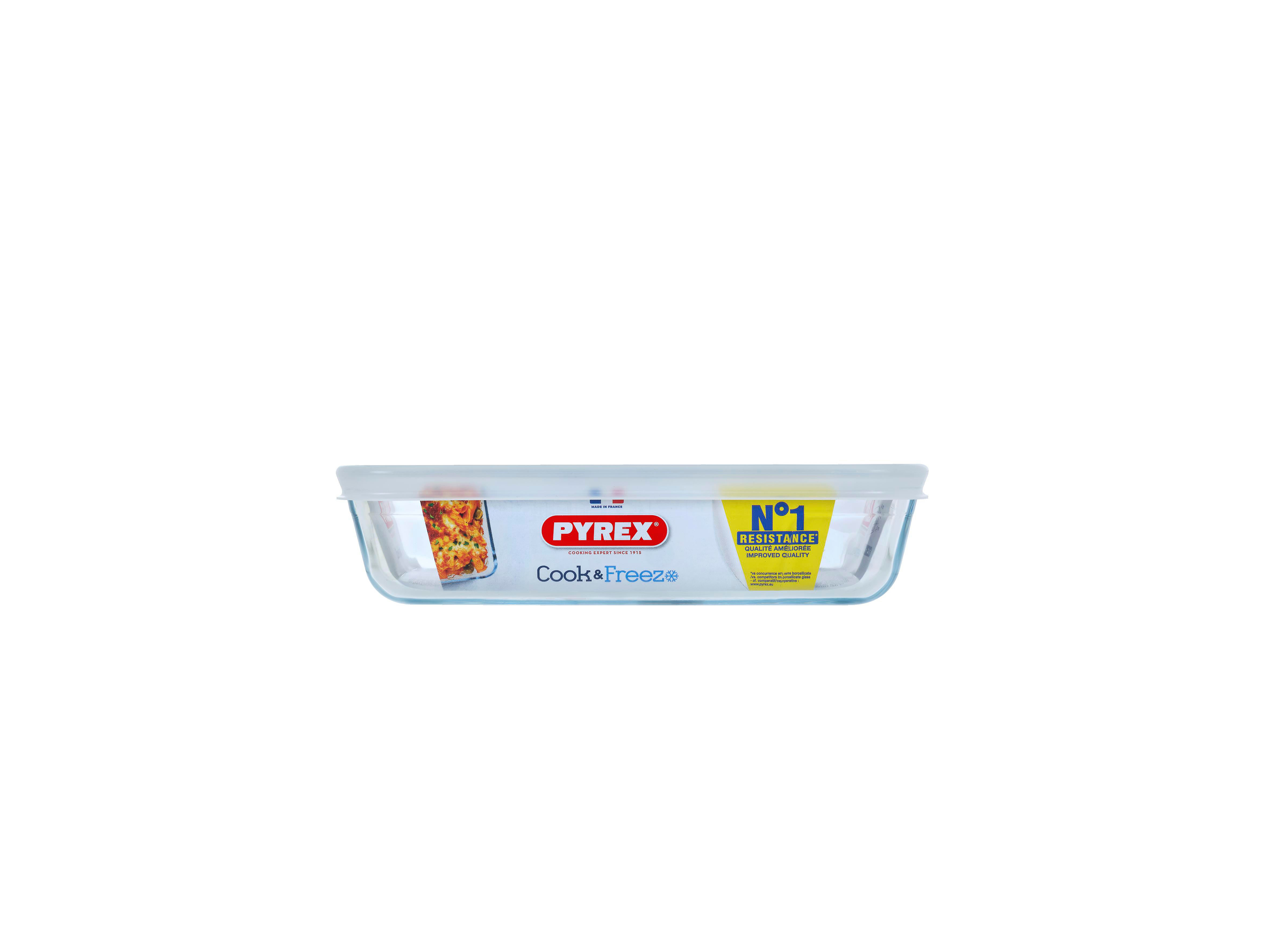 Pyrex Auflaufform mit Glasdeckel und Lasagne.