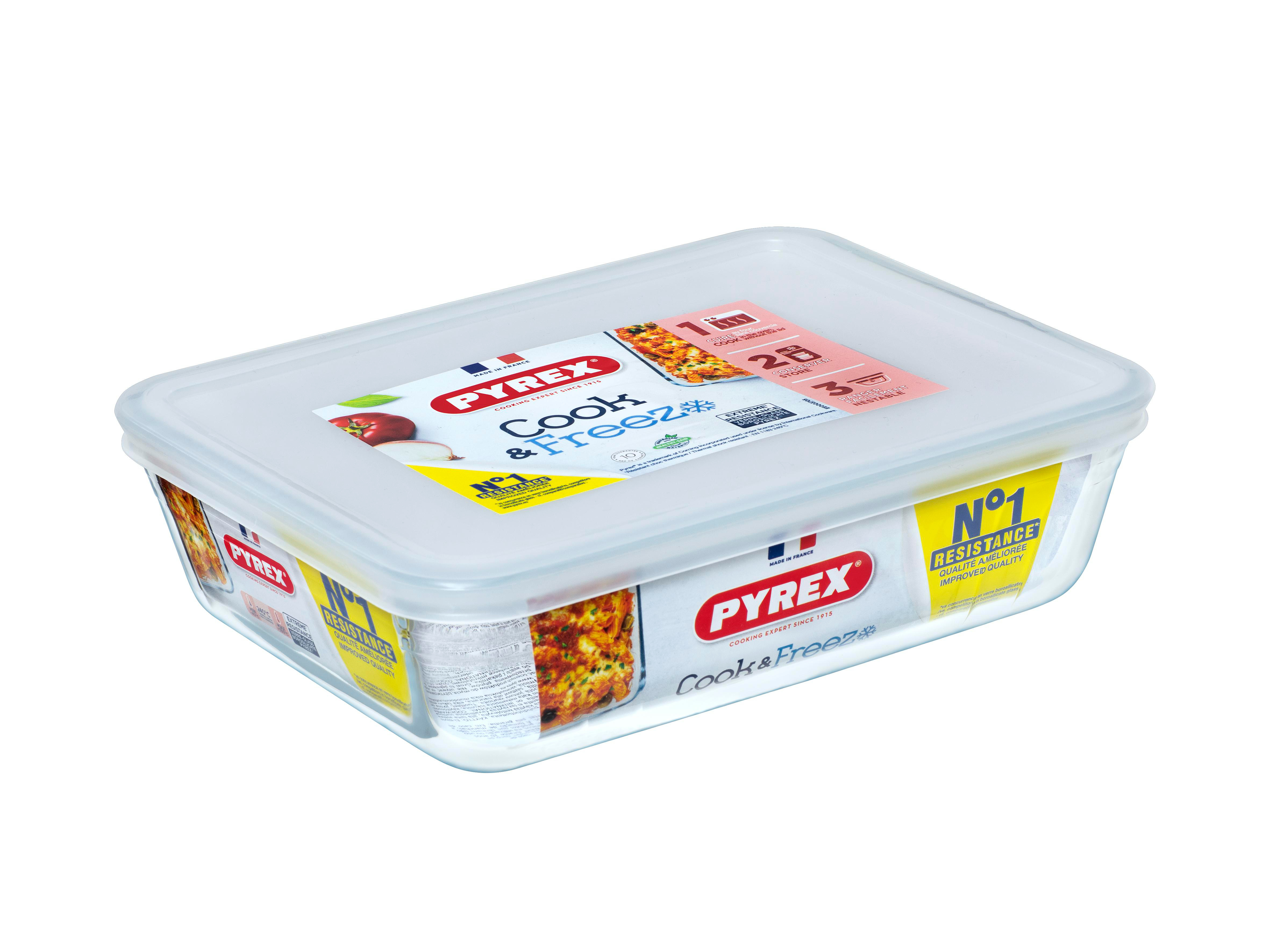 Pyrex Glasbehälter mit Deckel, zum Kochen, Aufbewahren und Einfrieren.