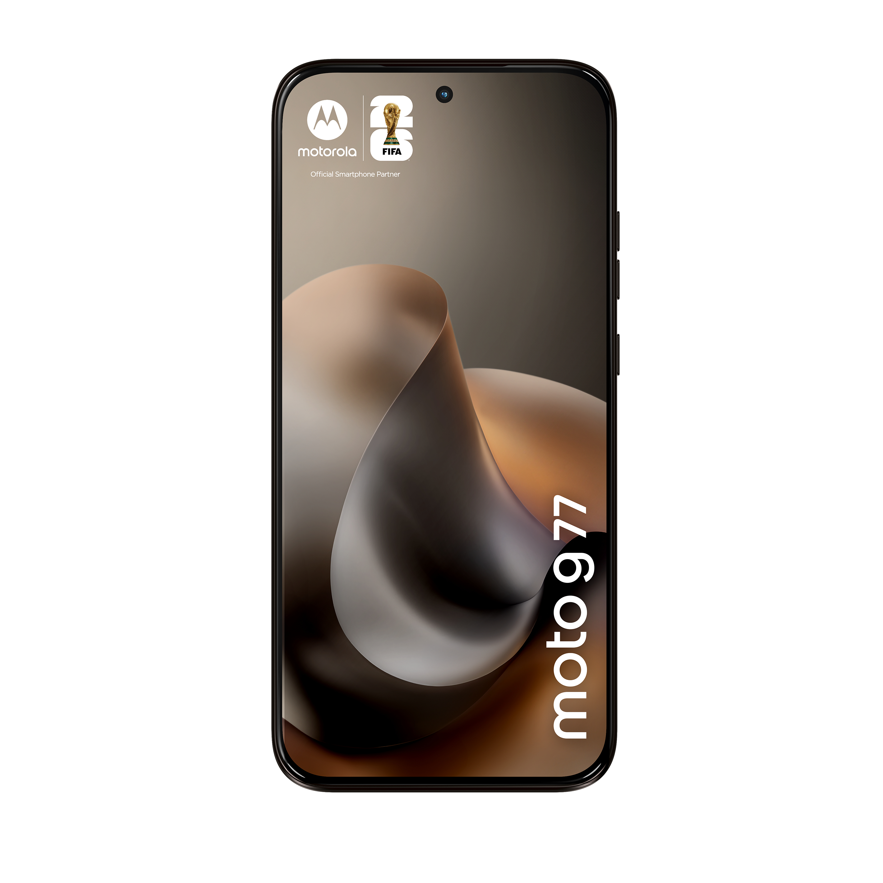 Ein Motorola Moto G 77 Smartphone mit dem FIFA World Cup-Logo.