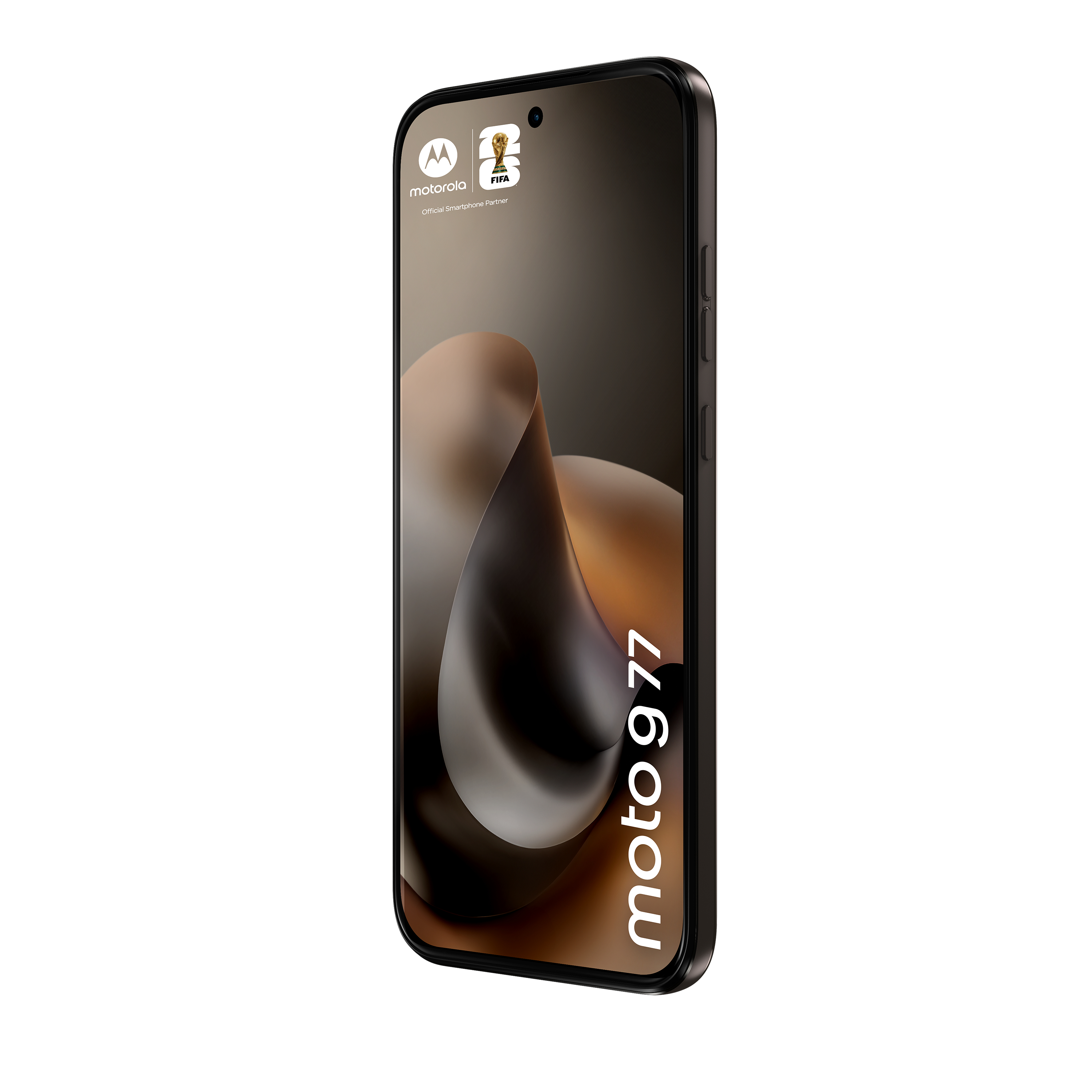 Ein schwarzes Motorola Moto G 77 Smartphone mit FIFA-Logo und dynamischem Hintergrund.