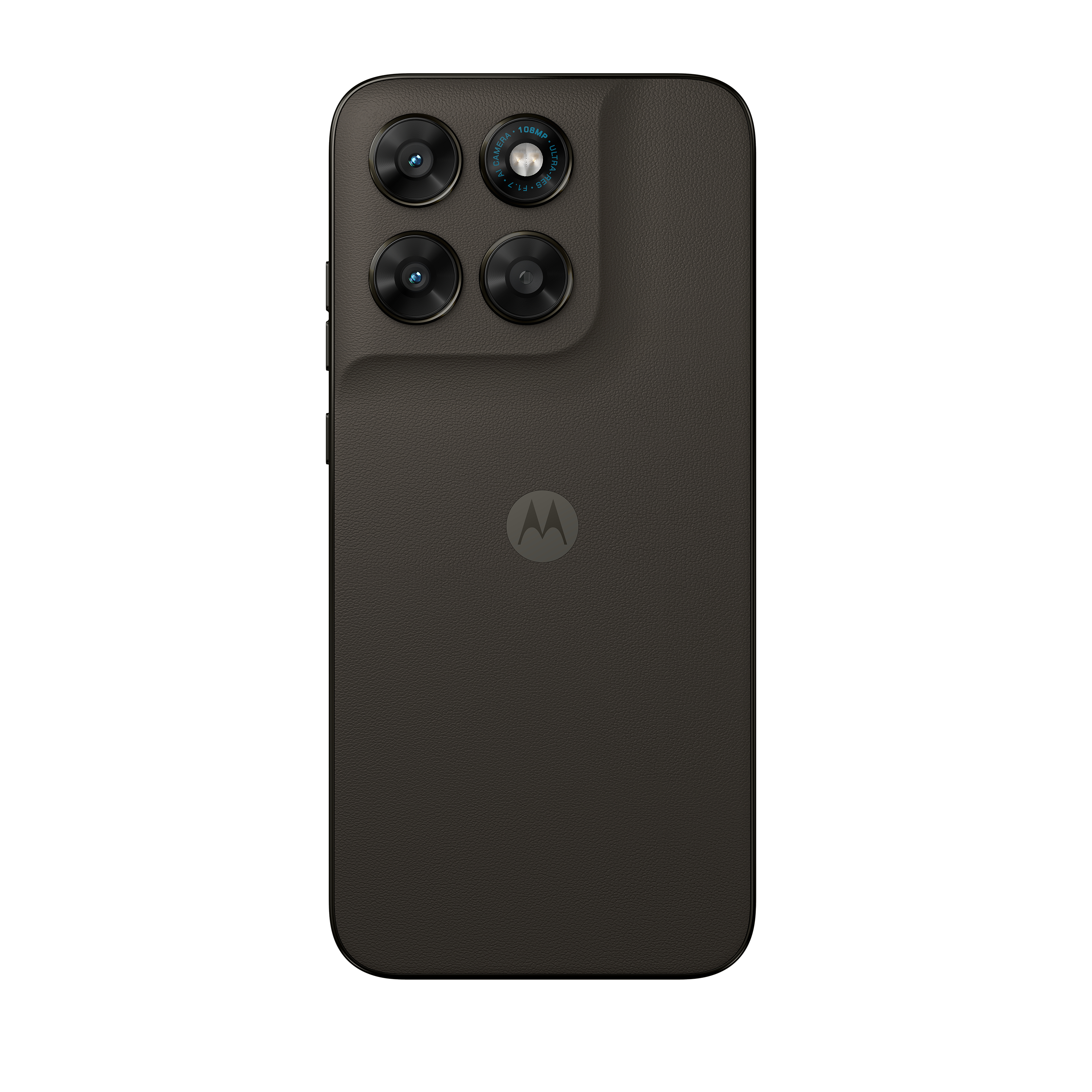 Rückseite eines dunklen Motorola-Smartphones mit vier Kameras und Logo.