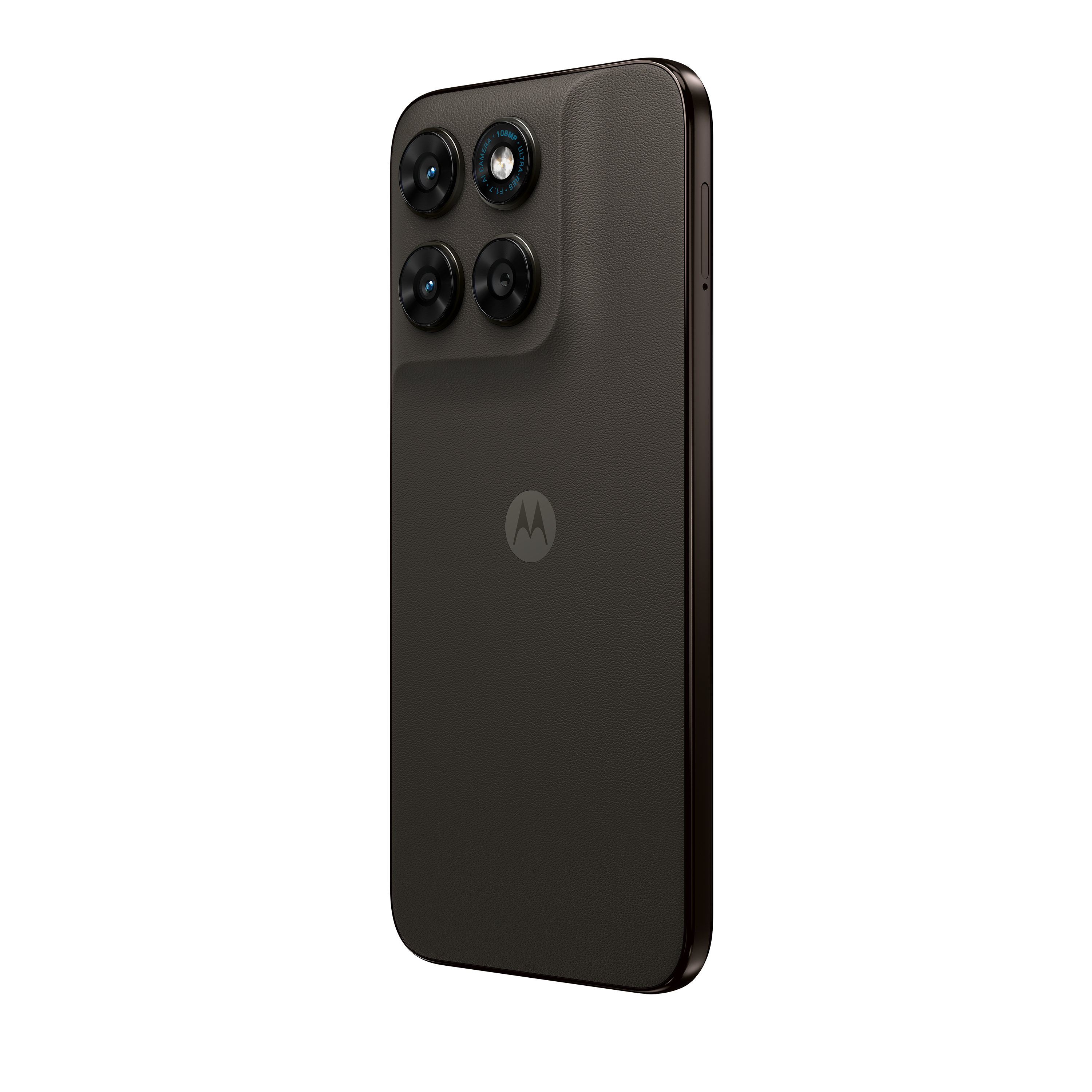 Rückseite eines dunklen Motorola-Smartphones mit vier Kameras und Motorola-Logo.