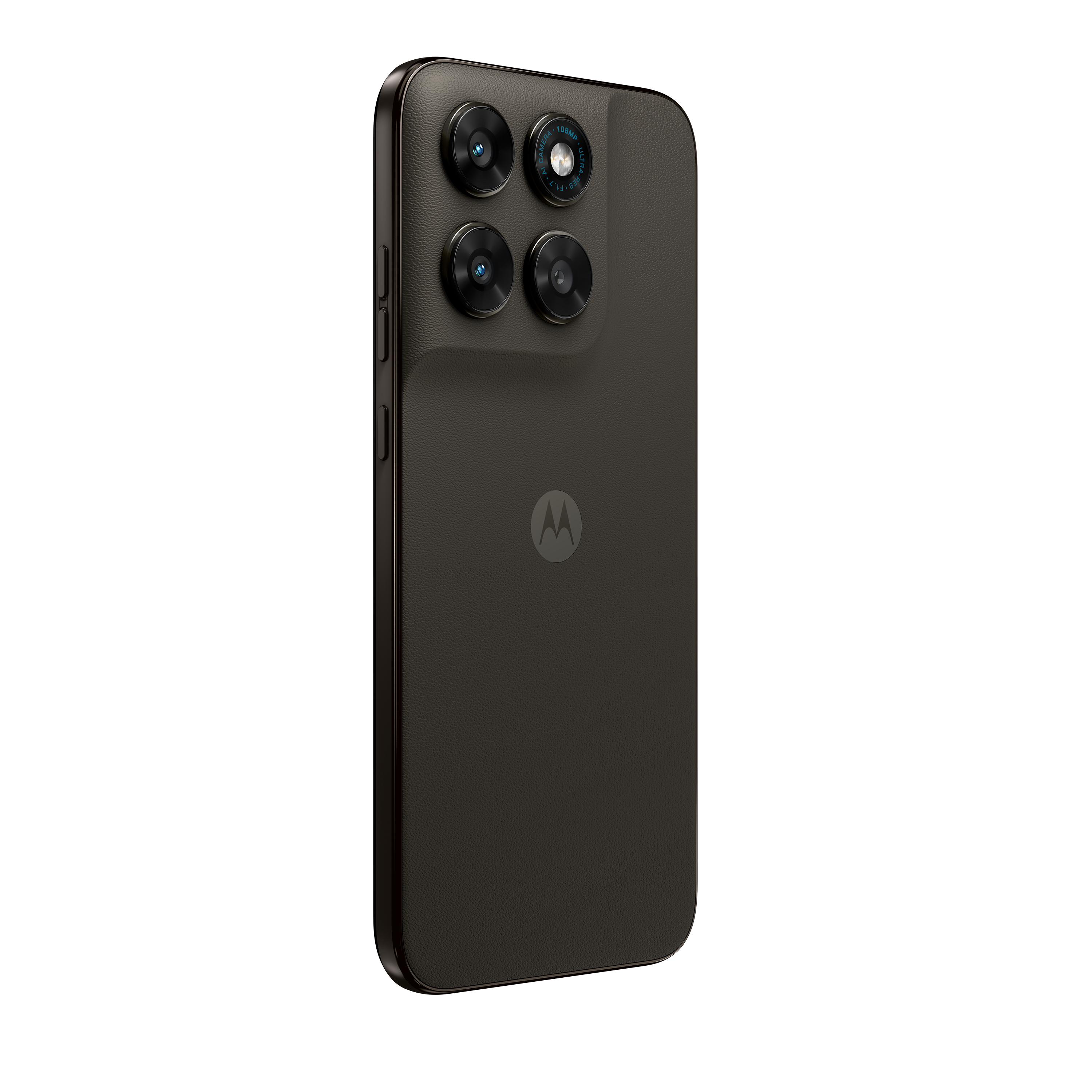 Dunkelgraues Smartphone mit vier Kameras und Motorola-Logo.