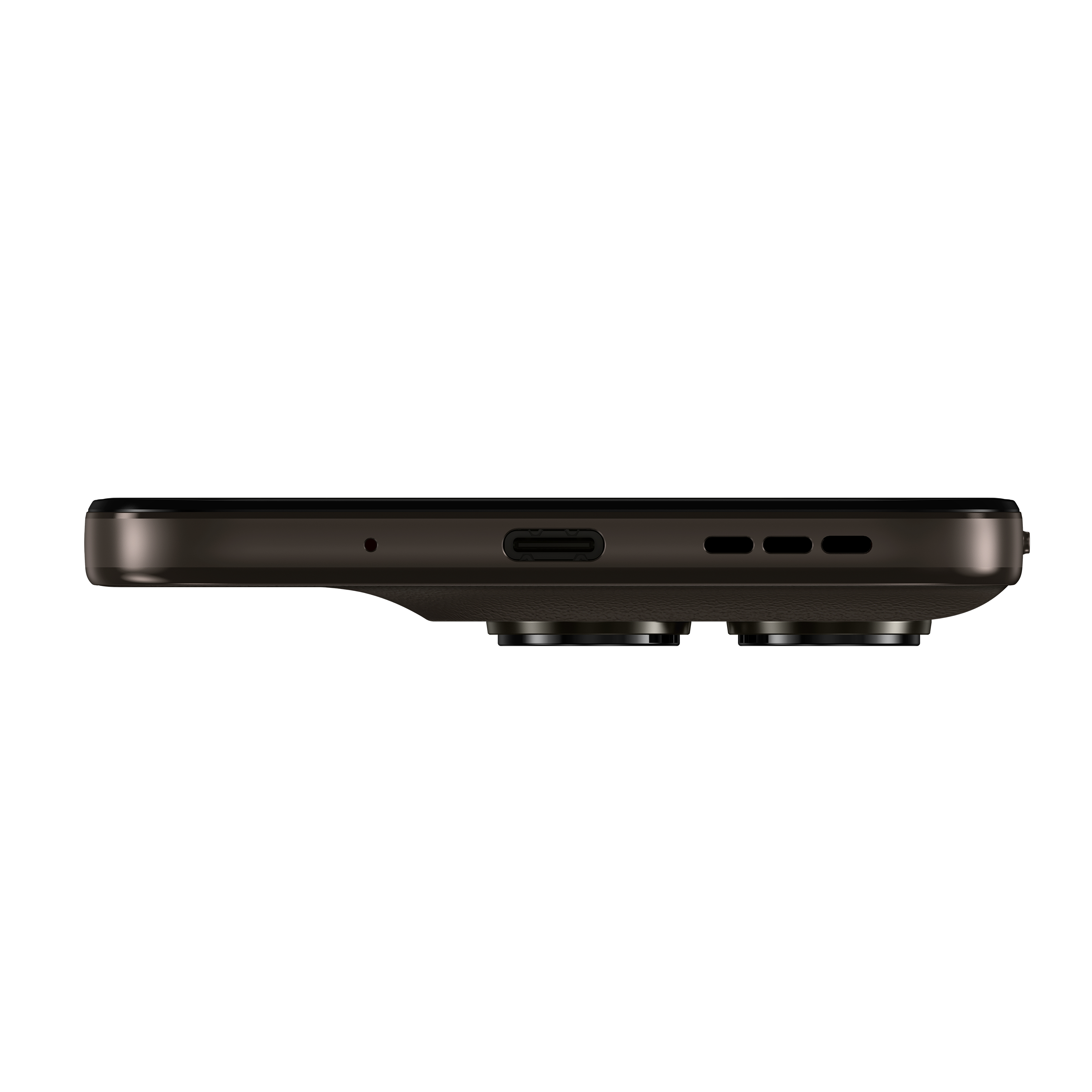 Dunkles Smartphone mit zwei Kameralinsen und USB-C-Anschluss.