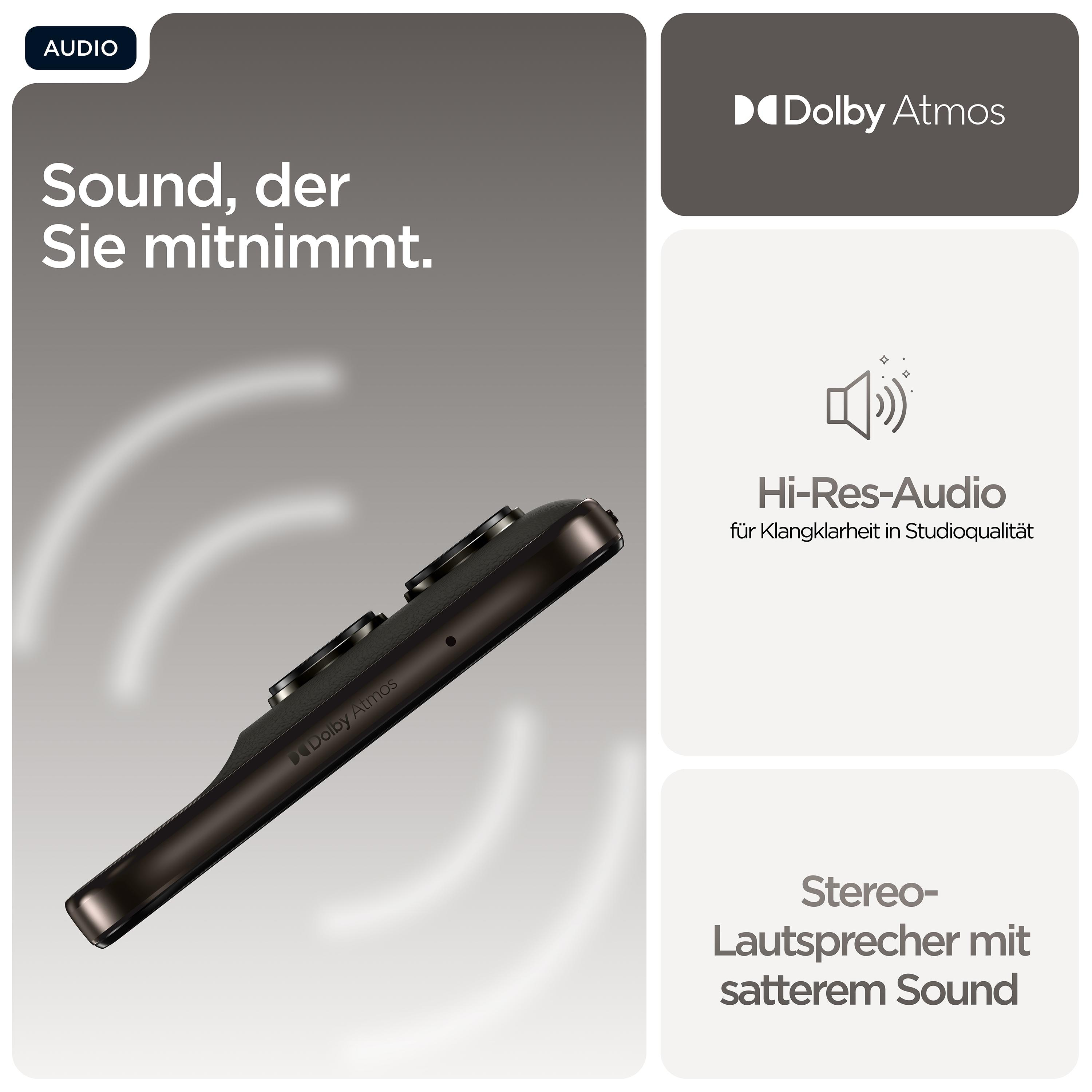 Ein dunkles Smartphone mit Dolby Atmos und Hi-Res Audio.