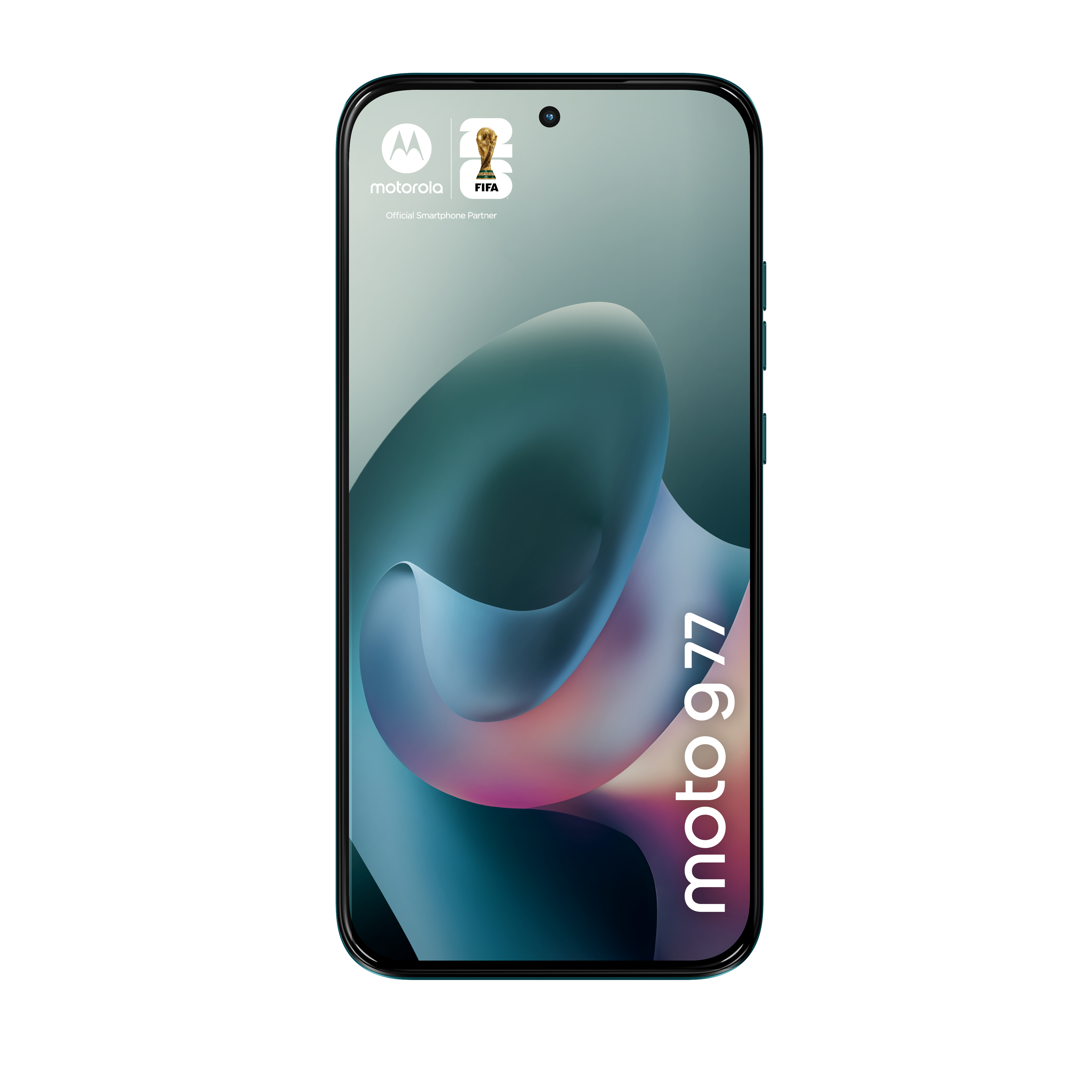 Ein Motorola Moto G77 Smartphone mit FIFA-Logo und abstraktem Hintergrund.