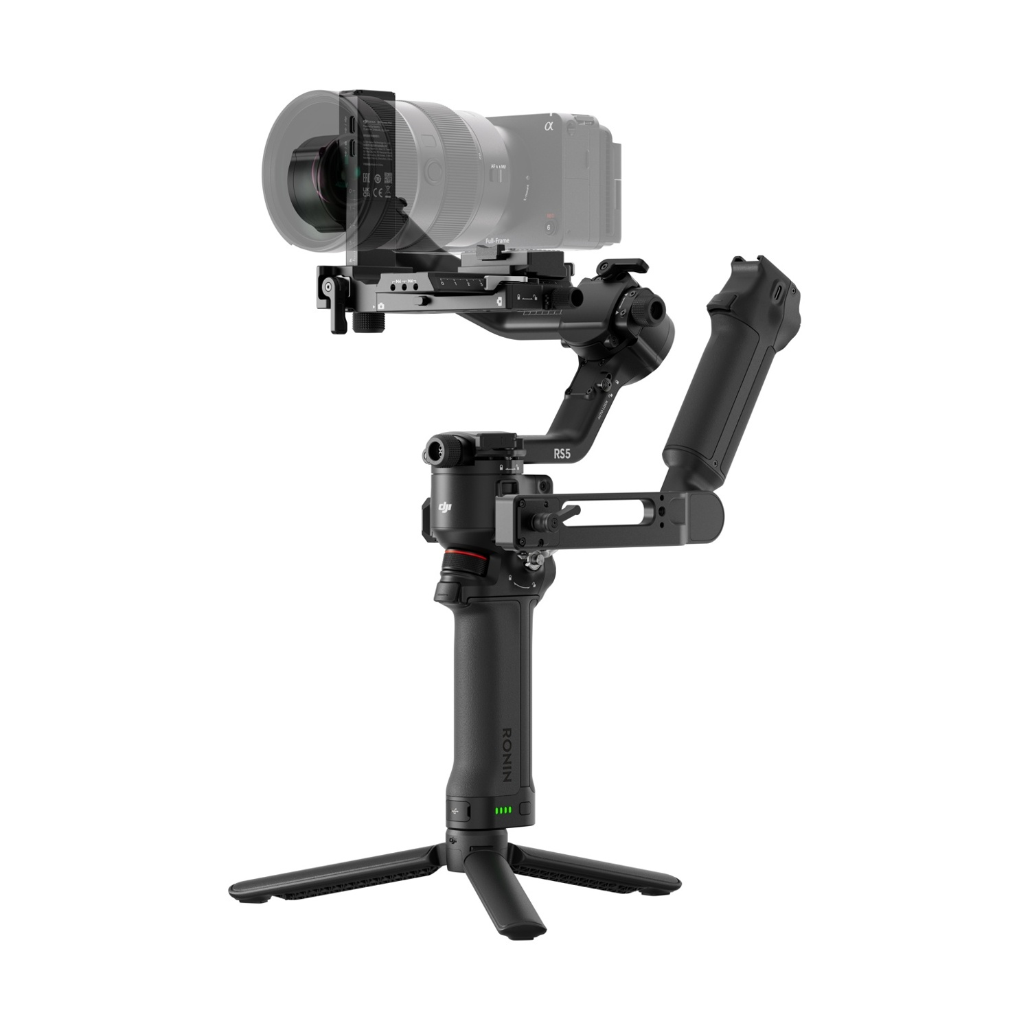 Un gimbal per fotocamera nero con obiettivo su sfondo bianco.