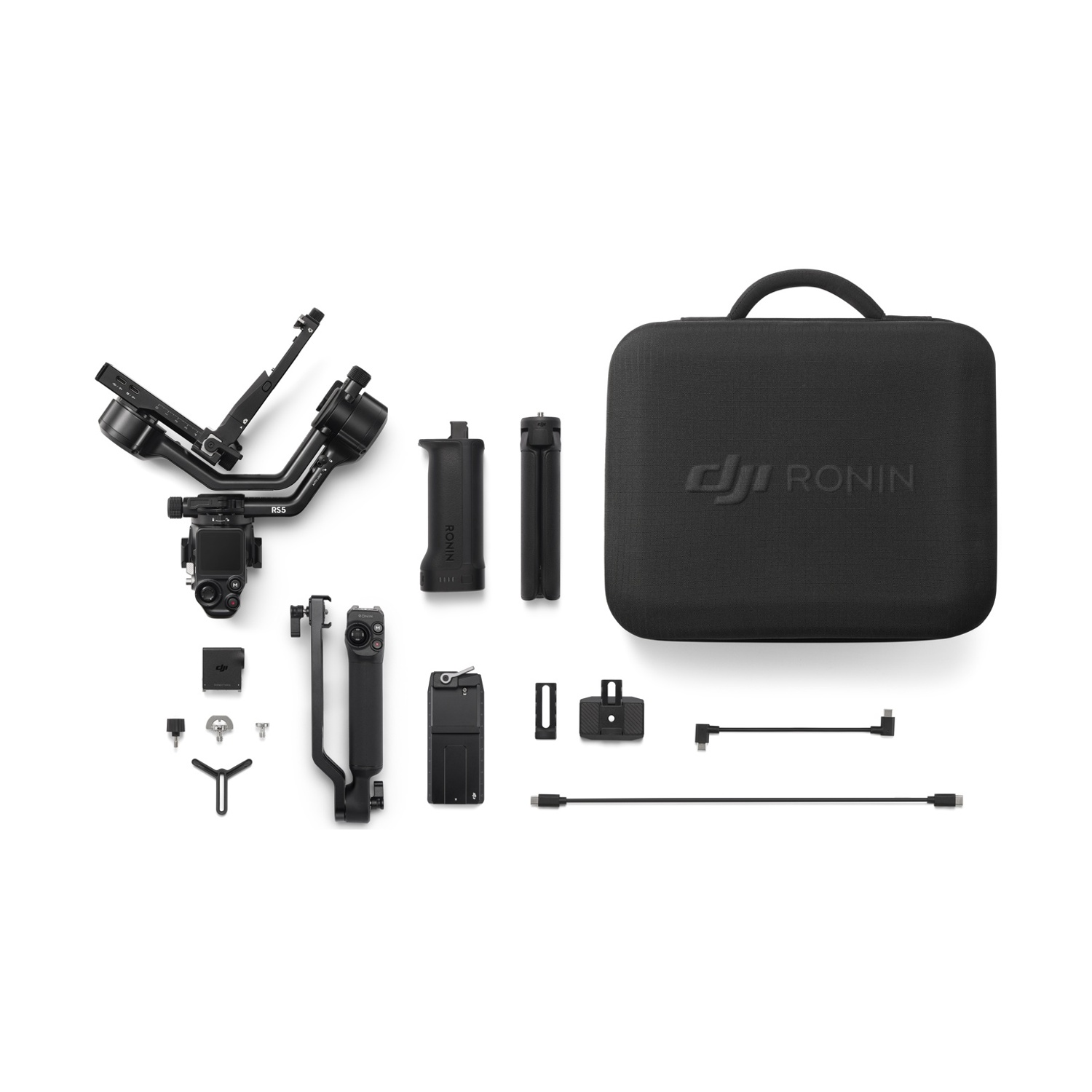Gimbal DJI Ronin RS5 e accessori con custodia nera.