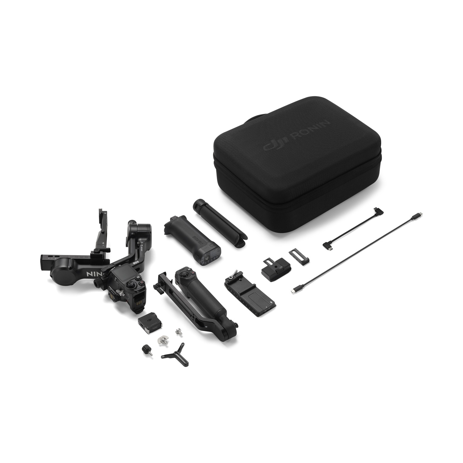 Un gimbal per fotocamera nero con accessori e custodia.