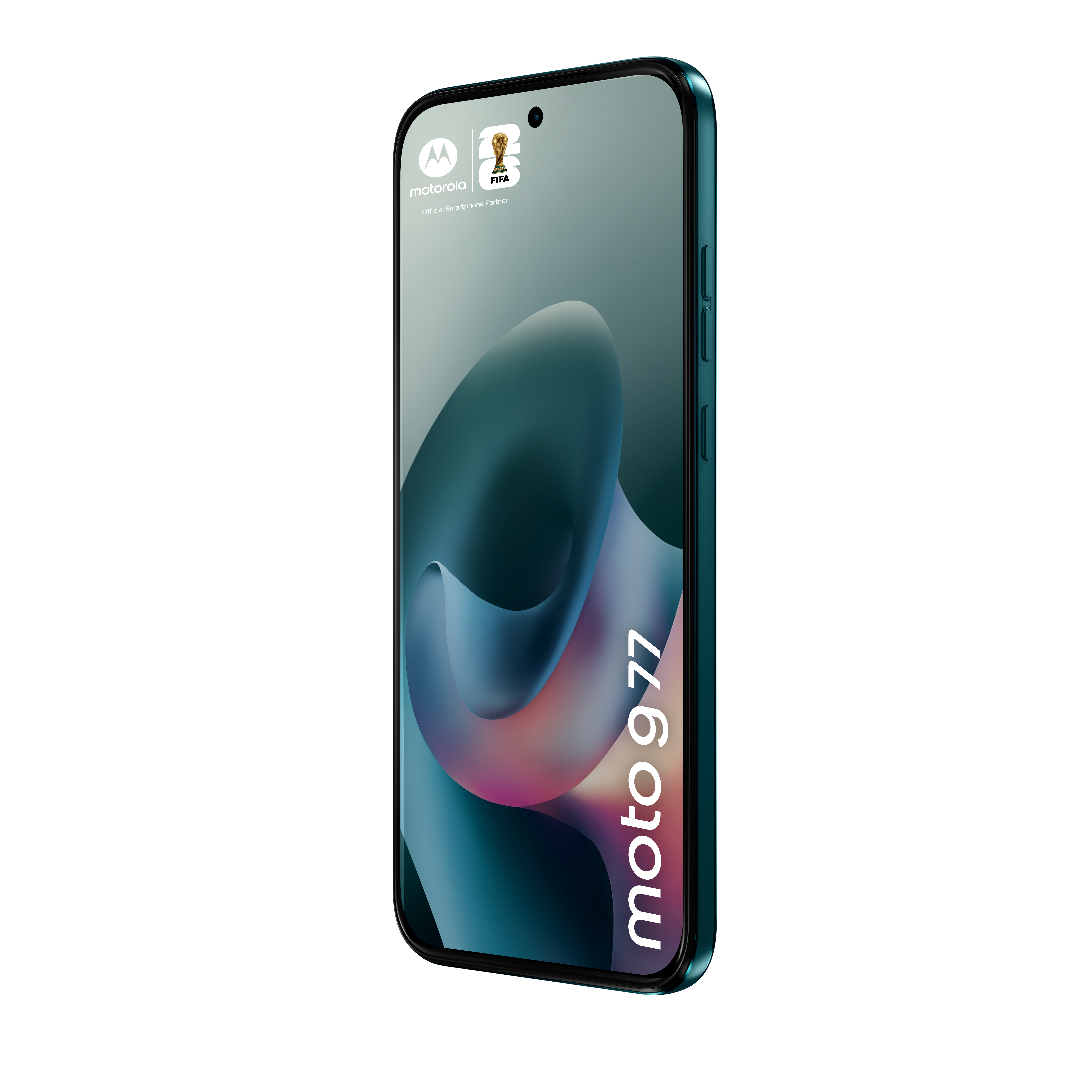 Dunkelgrünes Motorola Moto 9 77 Smartphone mit FIFA-Logo und Wellenmuster.