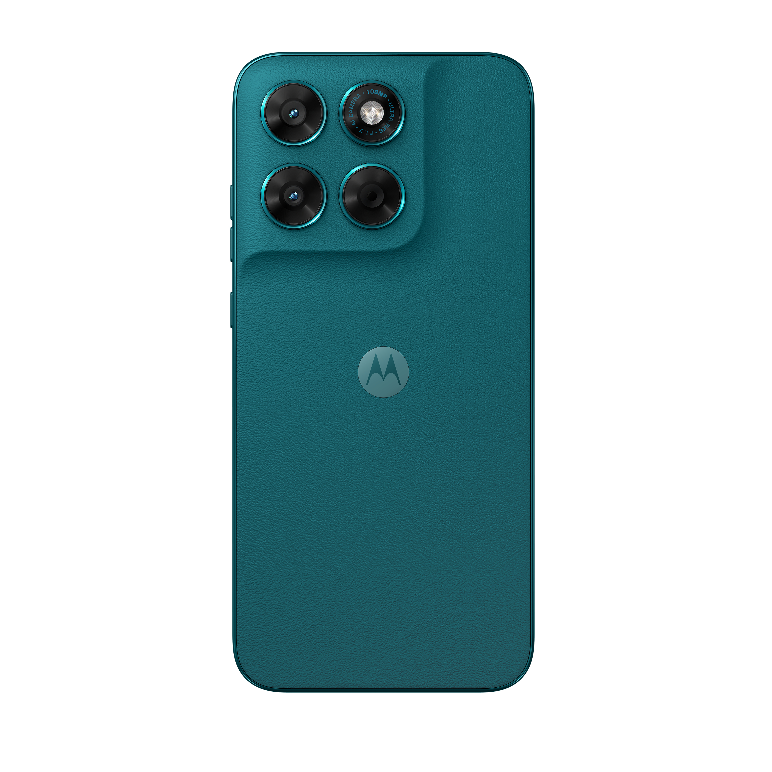 Rückseite eines tealfarbenen Smartphones mit vier Kameras und dem Motorola-Logo.