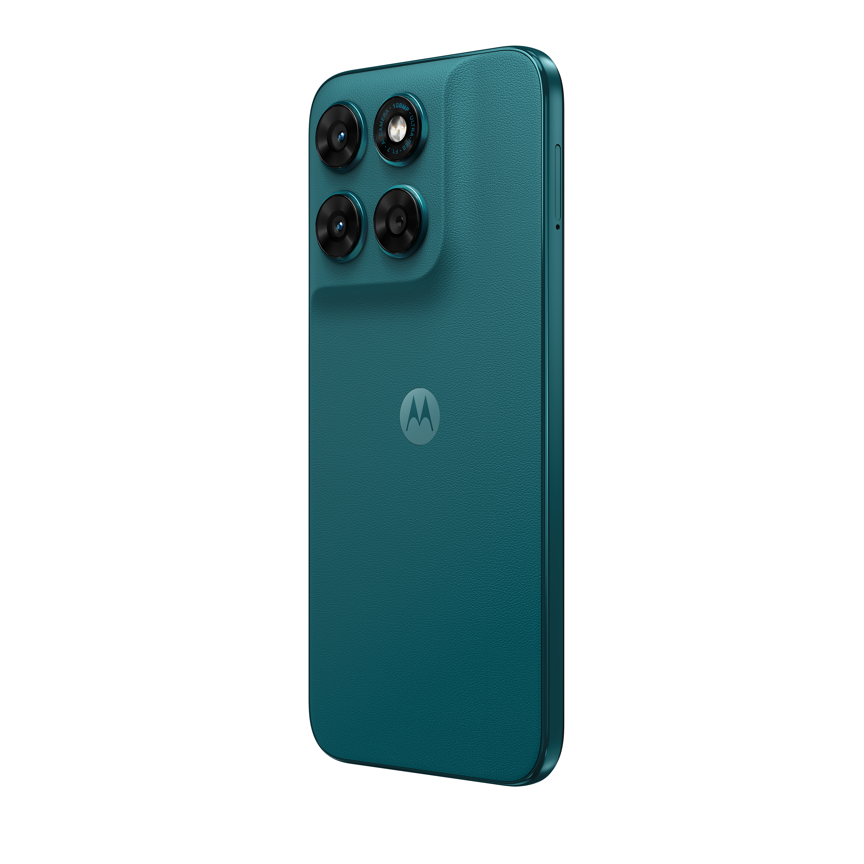 Ein türkisfarbenes Smartphone mit vier Kameras und einem Motorola-Logo.