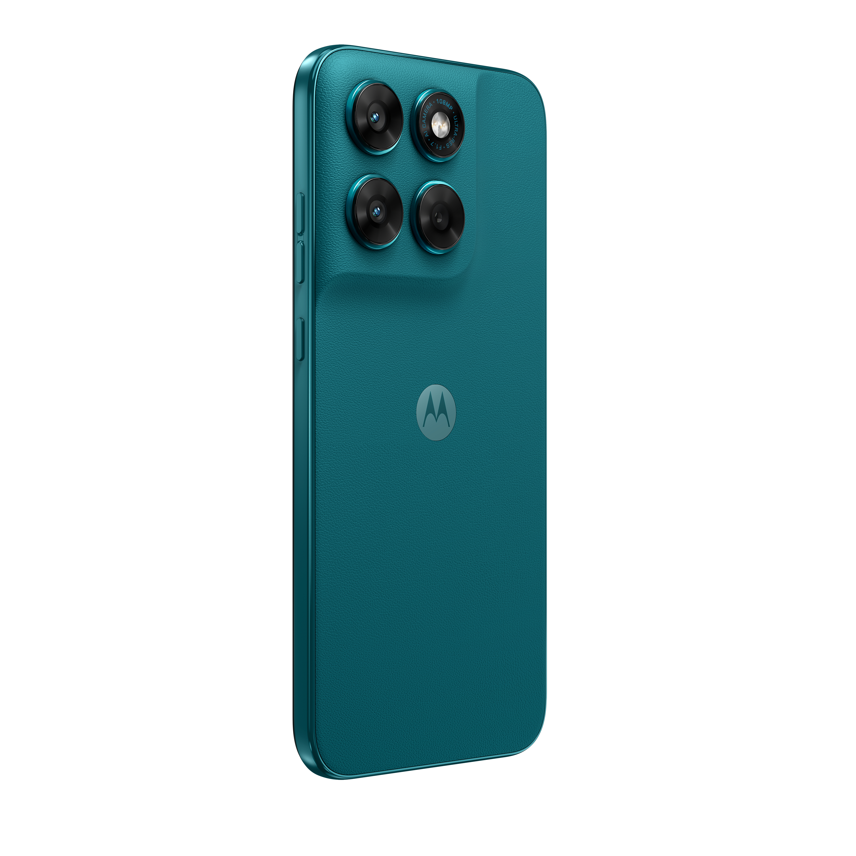Rückseite eines tealfarbenen Motorola-Smartphones mit vier Kameras und einem Logo.