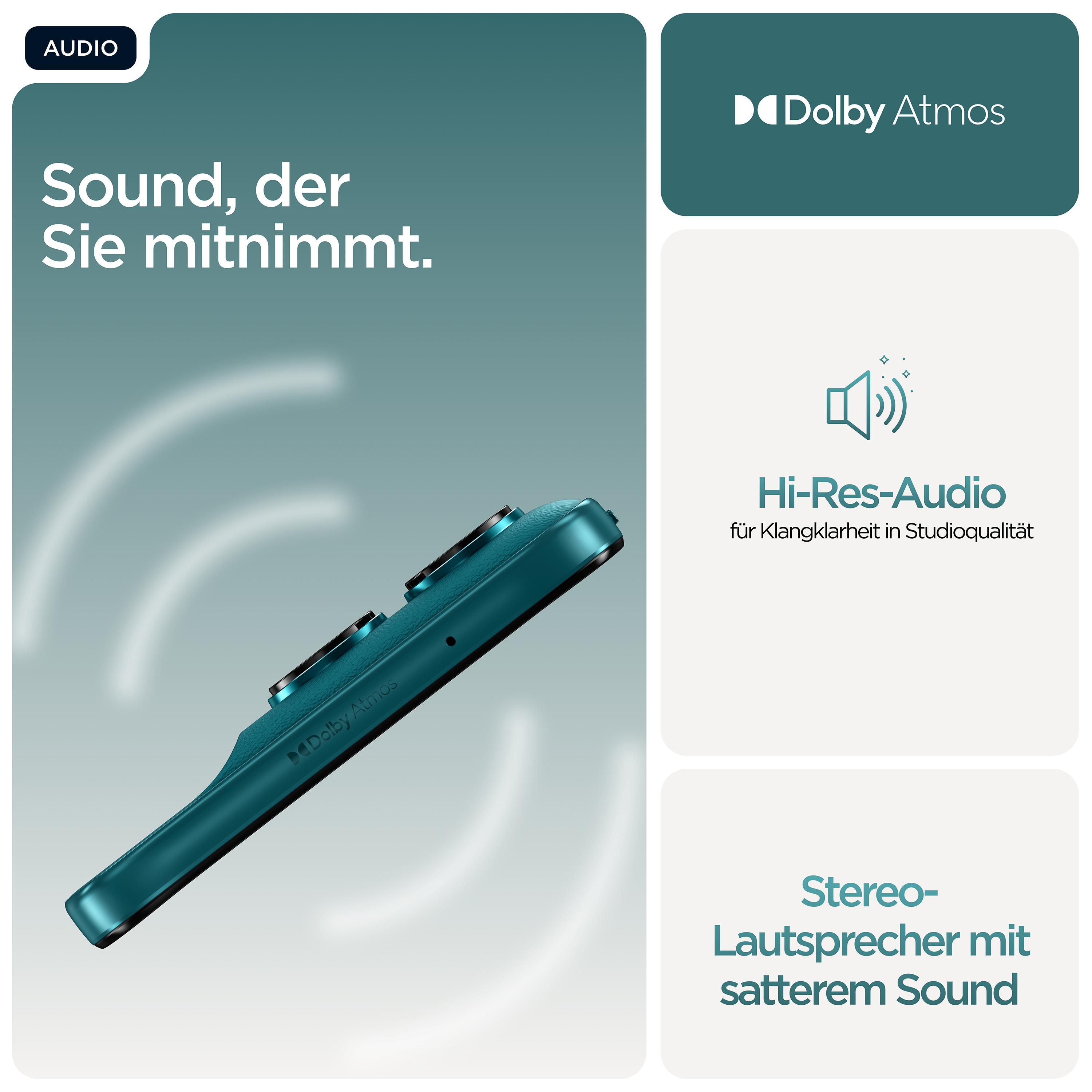 Ein türkisfarbenes Smartphone mit Dolby Atmos und Hi-Res-Audio-Logo.