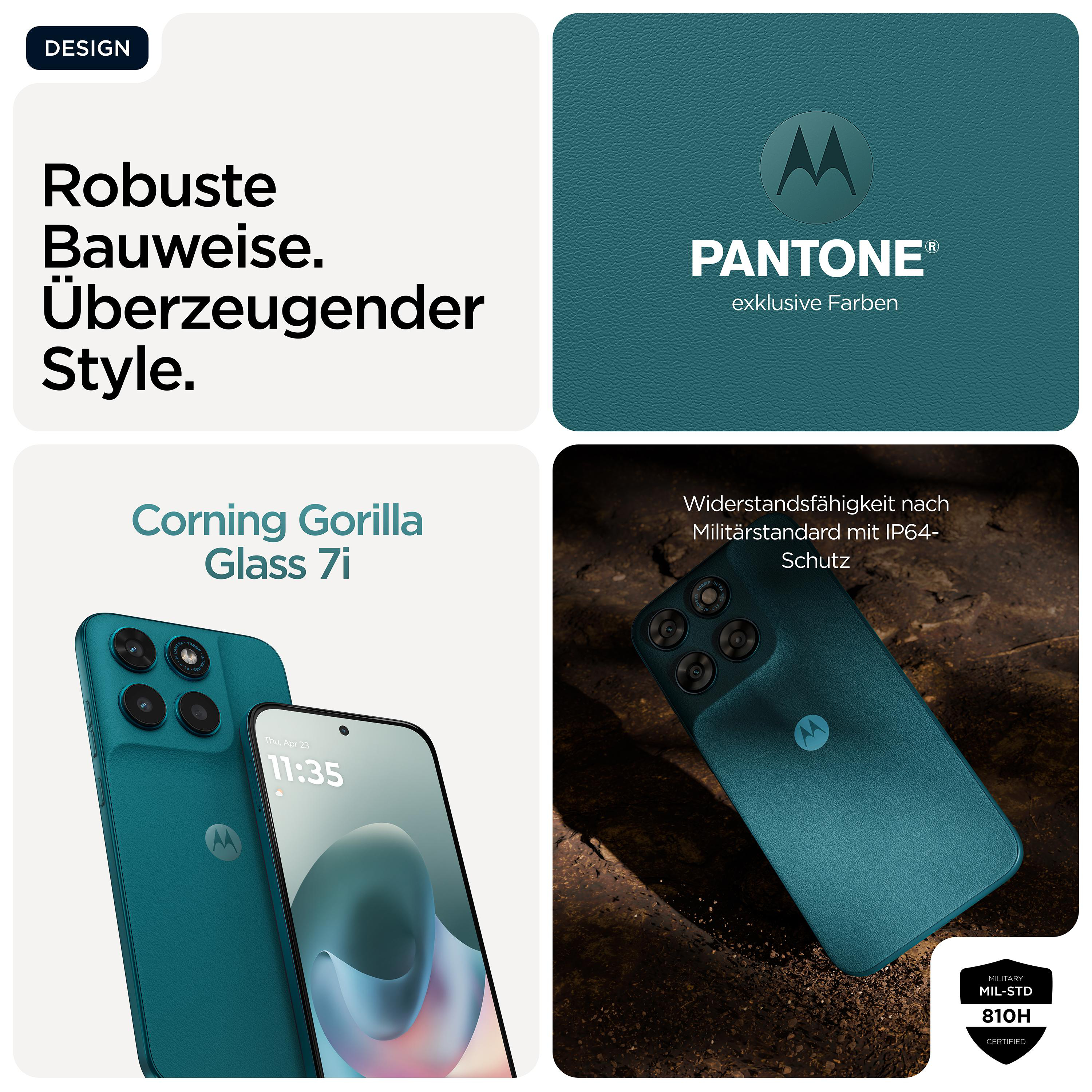 Motorola Handy in Petrolgrün mit Quad-Kamera, Pantone-Farbe & Mil-Std-Zertifizierung.