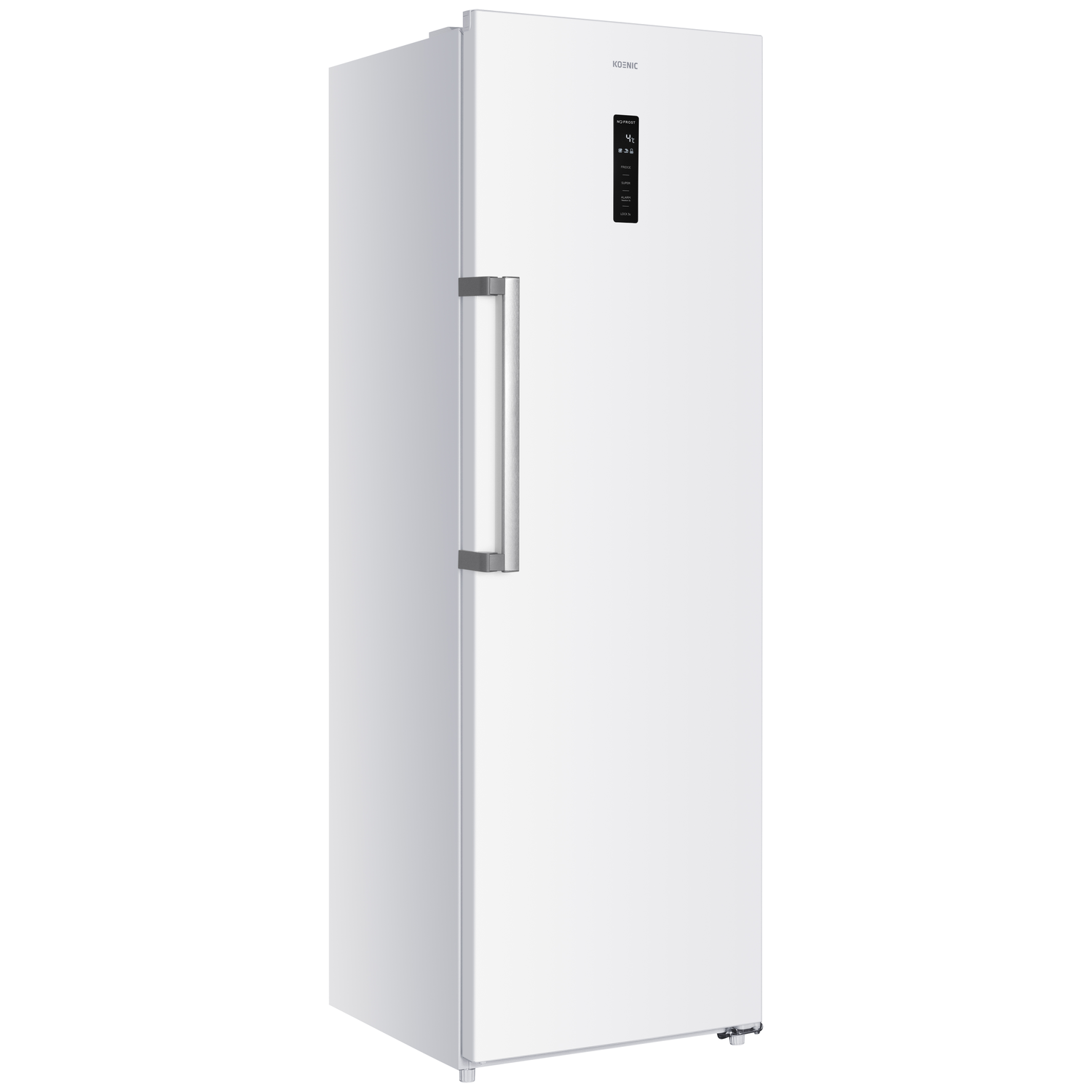 A white refrigerator with a silver handle and digital display.