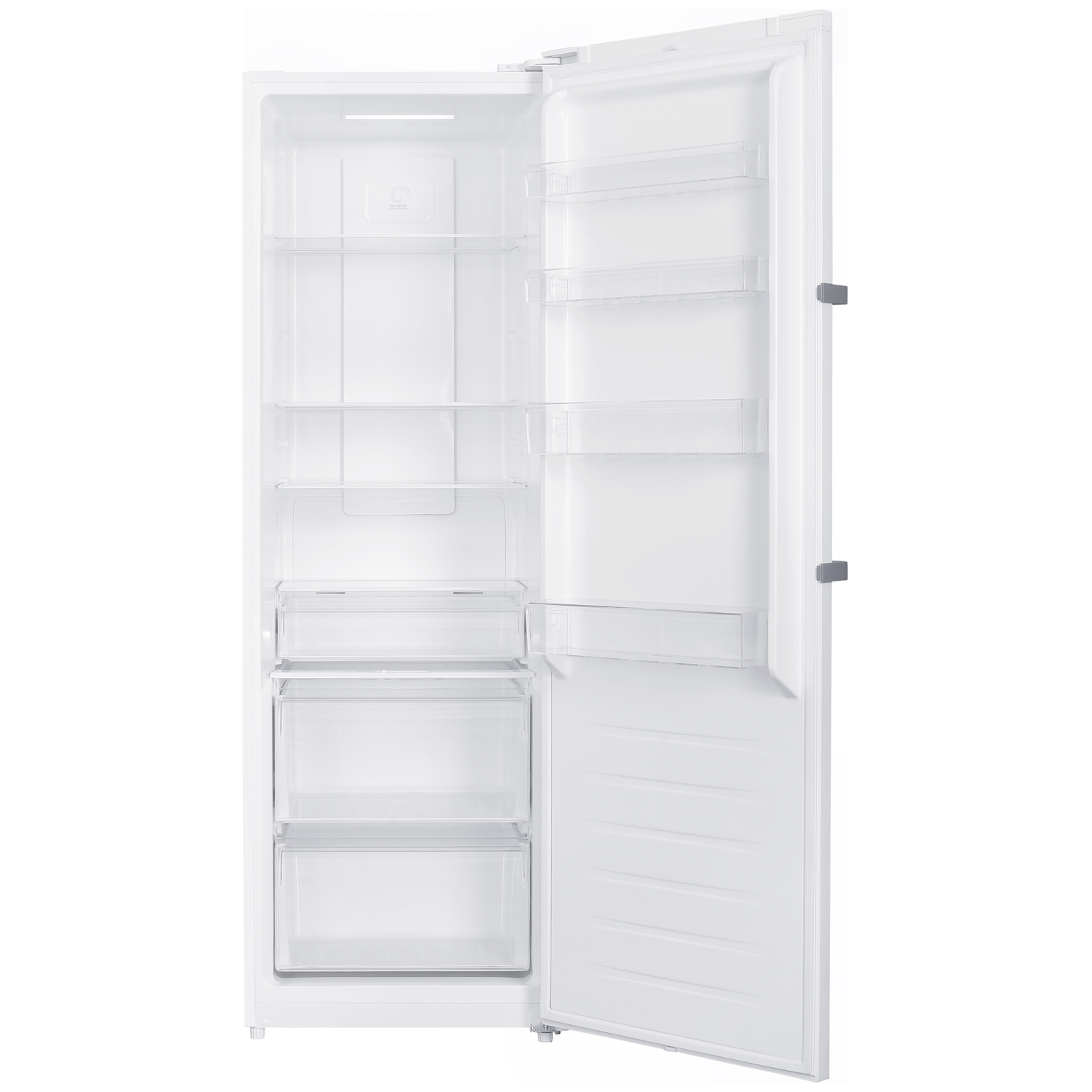 An empty, white refrigerator with its door open, showing glass shelves.