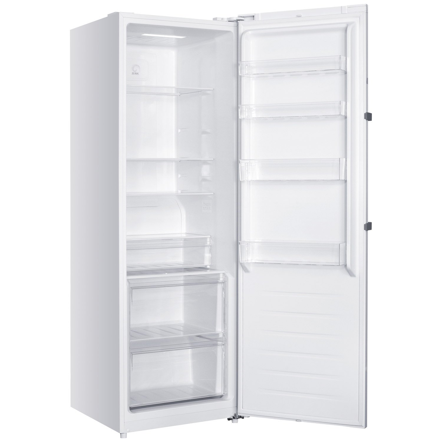 An empty white upright freezer is shown with its door ajar, revealing clear shelves and drawers inside.